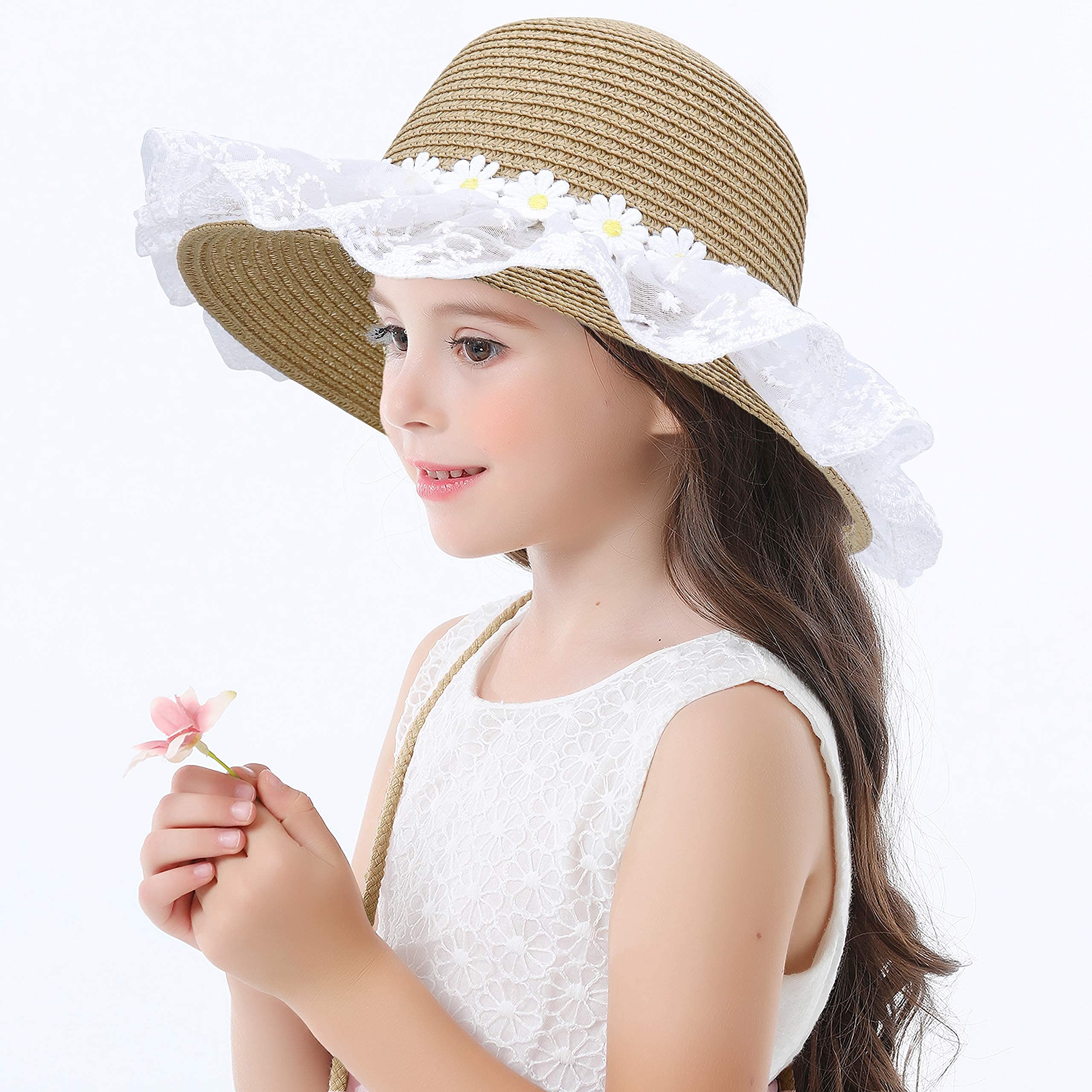 Bienvenu Girls Sun Hats for Kids - Wide Brim Straw Beach Hat with Carry Bag Set - Perfect for Summer Outdoors, Beach Vacations & Pool Parties