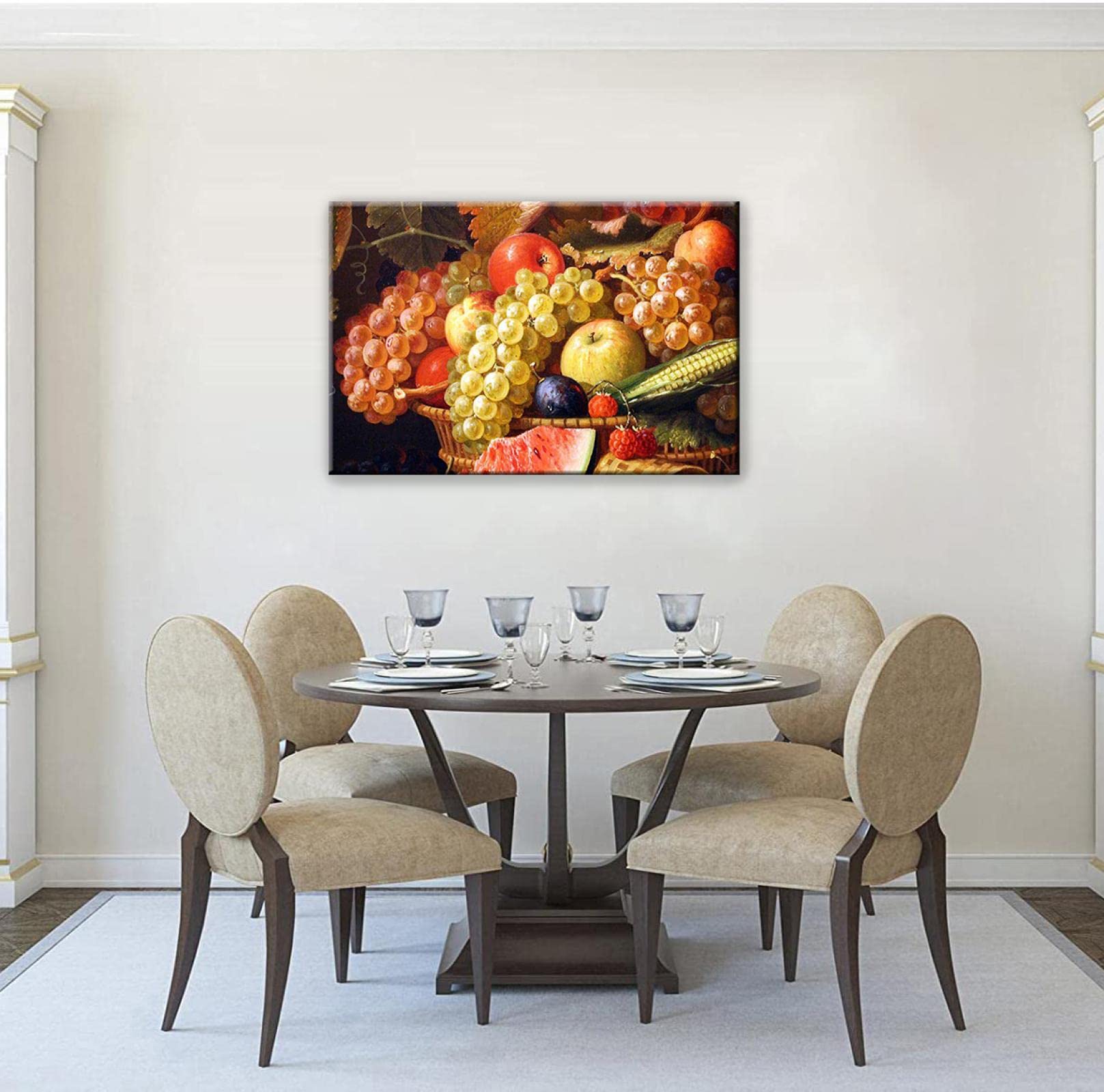 Grapes and Fruit Basket Canvas Wall Art - Framed Kitchen Pictures Decor 16x24 Inches, Ready to Hang Food Painting for Dining Room & Kitchen - Perfect for Home Decor, Housewarming Gifts, and Restaurant Wall Art