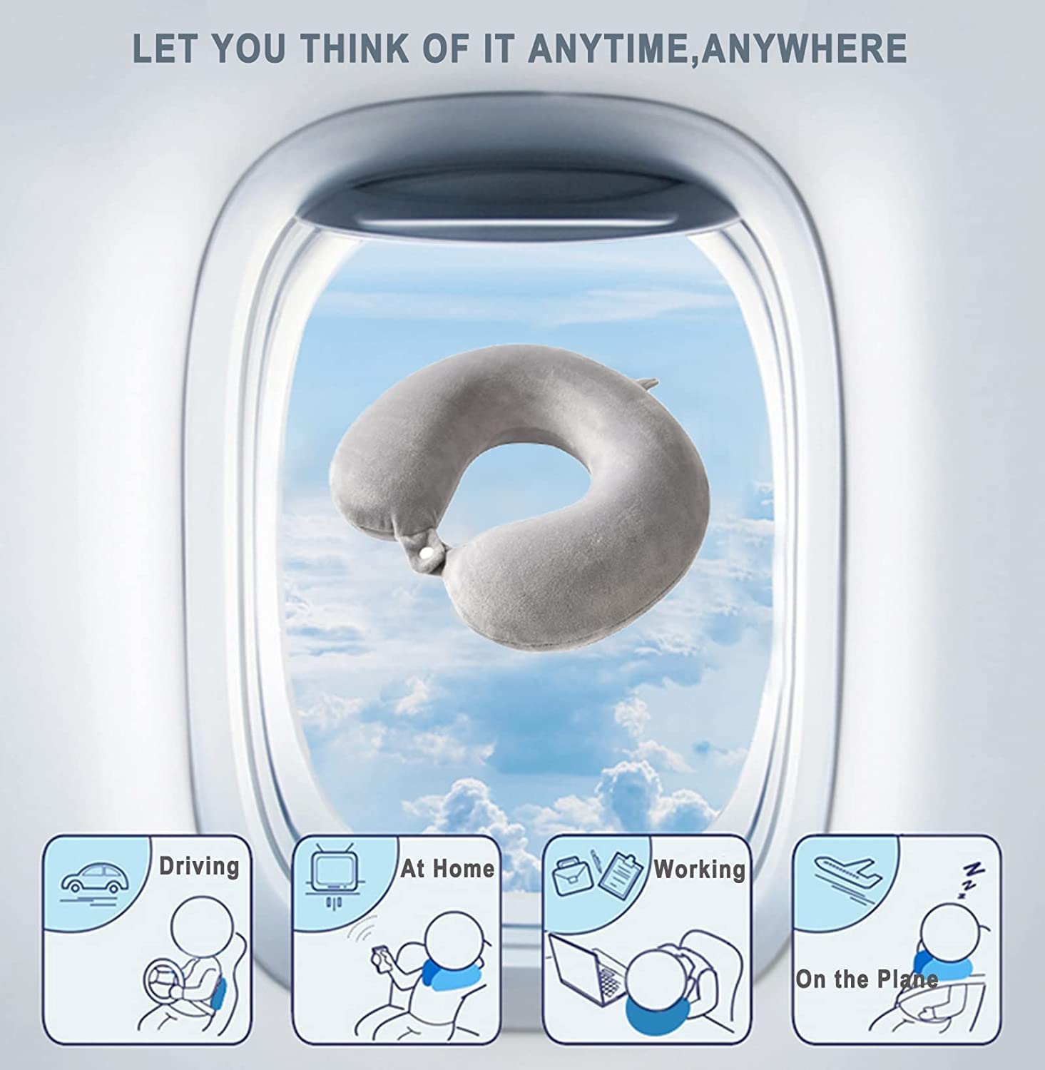 Comfortable Washable Travel Neck Pillow for Airplane Sleeping - Neck Pain Relief Support with Soft Grey Cover | Perfect for Long Flights, Road Trips & Office Naps