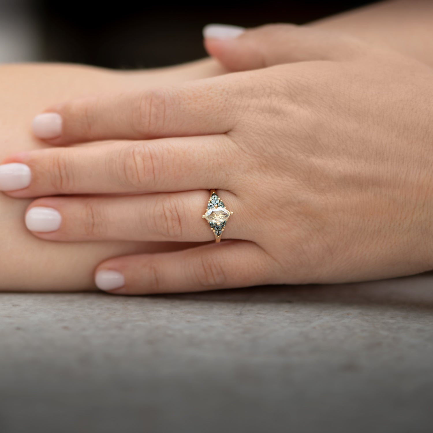 Exquisite Starburst Rose Cut Diamond Engagement Ring with Teal Sapphire Trillions - Vintage Inspired Wedding Jewelry for Brides & Proposal Gifts