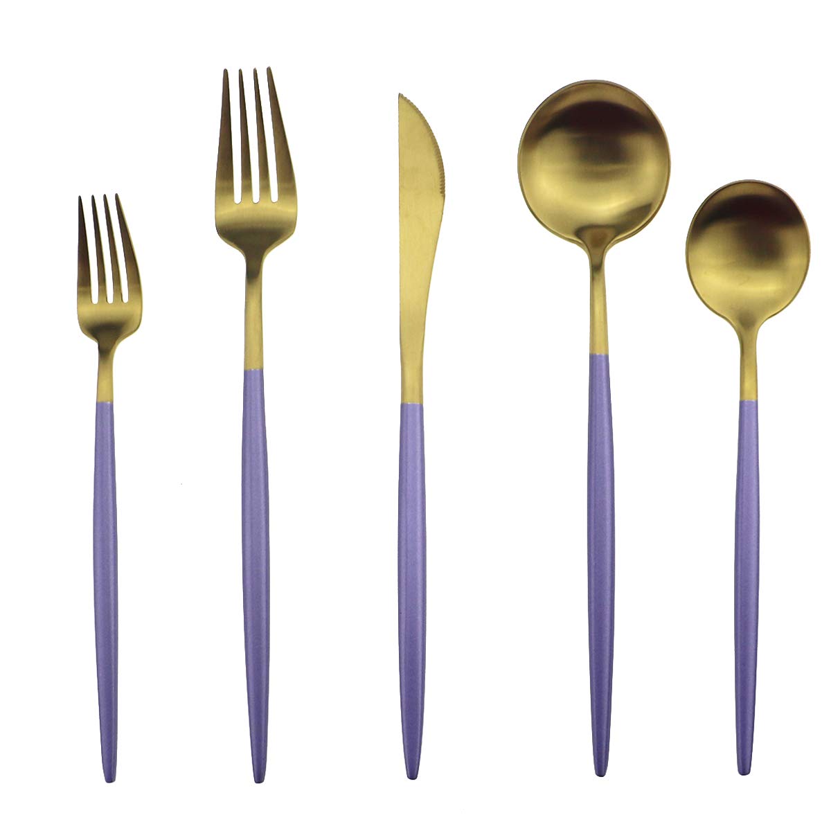 Gugrida 5-Piece Purple Gold Flatware Set - 18/10 Stainless Steel Cutlery with Matte Purple Handle (Fork, Spoon, Knife) - Elegant Dinnerware for Home, Camping & Travel - Durable Silverware for Everyday Use & Outdoor Adventures