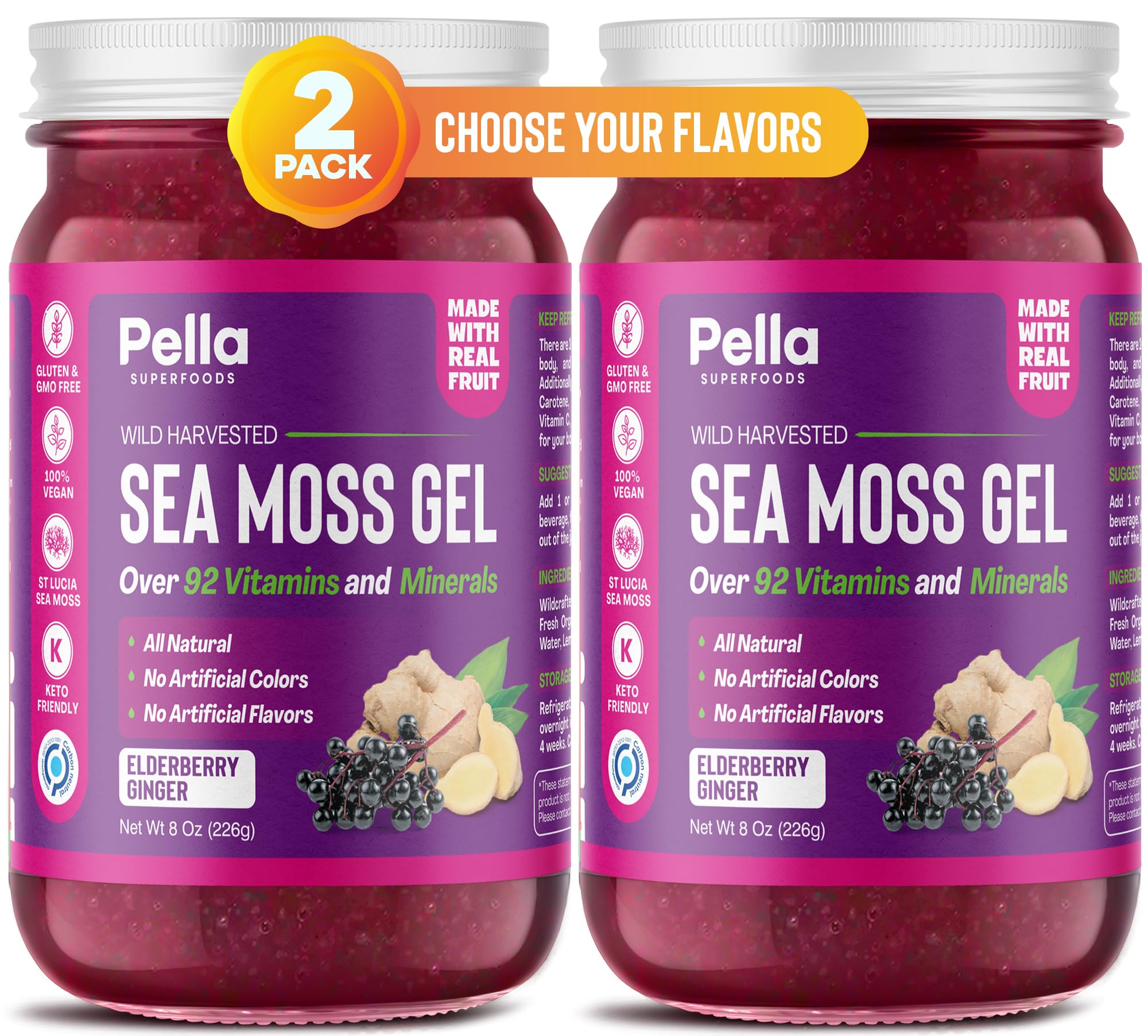 (2-Pack) Organic Sea Moss Gel with Fresh Elderberry & Ginger - 8oz Each | Vegan, Keto, Non-GMO, Gluten-Free | Daily Vitamin Boost for Immune Support, Digestive Health & Energy | Perfect for Smoothies, Teas & Wellness Routines