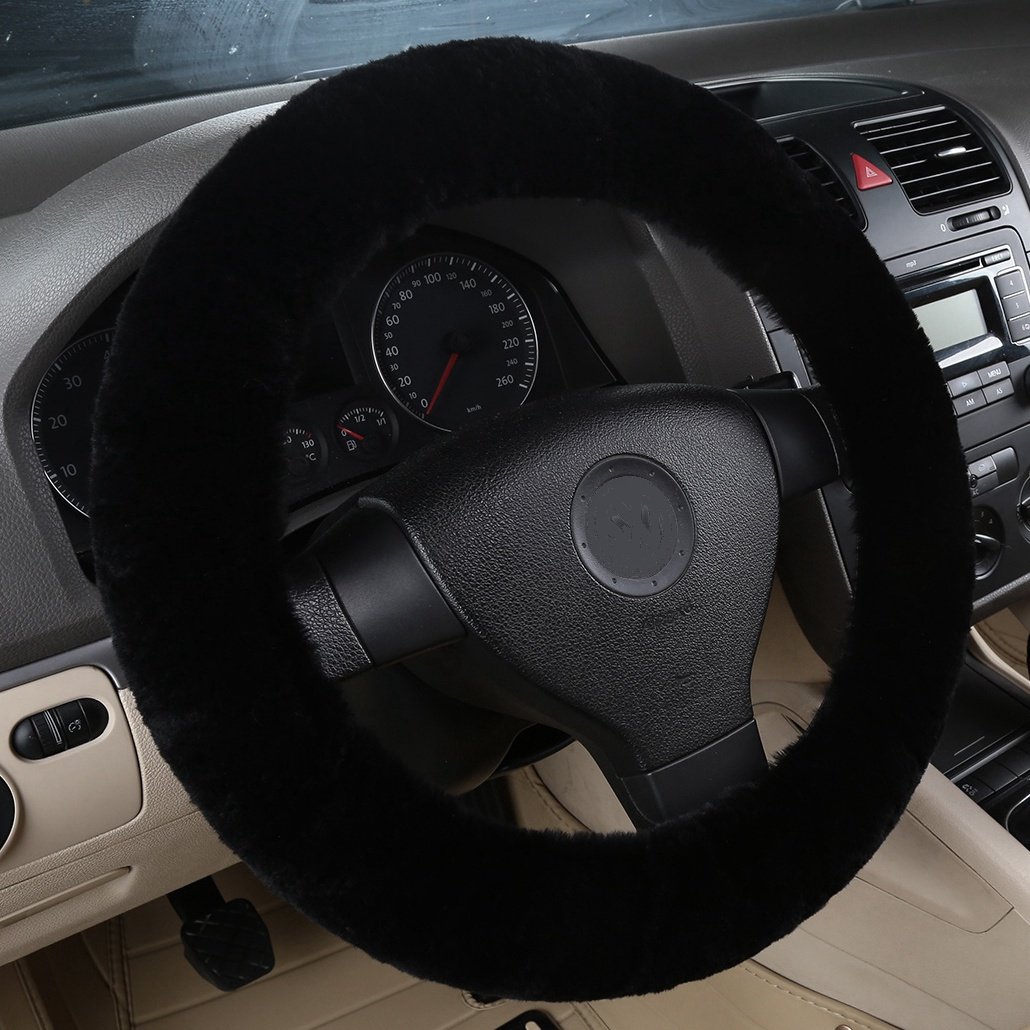 Dotesy Genuine Sheepskin Steering Wheel Cover Set - 3 Piece Auto Accessories with Gear Shift Knob Cover & Handbrake Cover | Universal Fit for 15 Inch Wheels | Premium Australian Wool | Black | Perfect for Winter Driving, Luxury Car Interior Upgrade & Comfort Enhancement