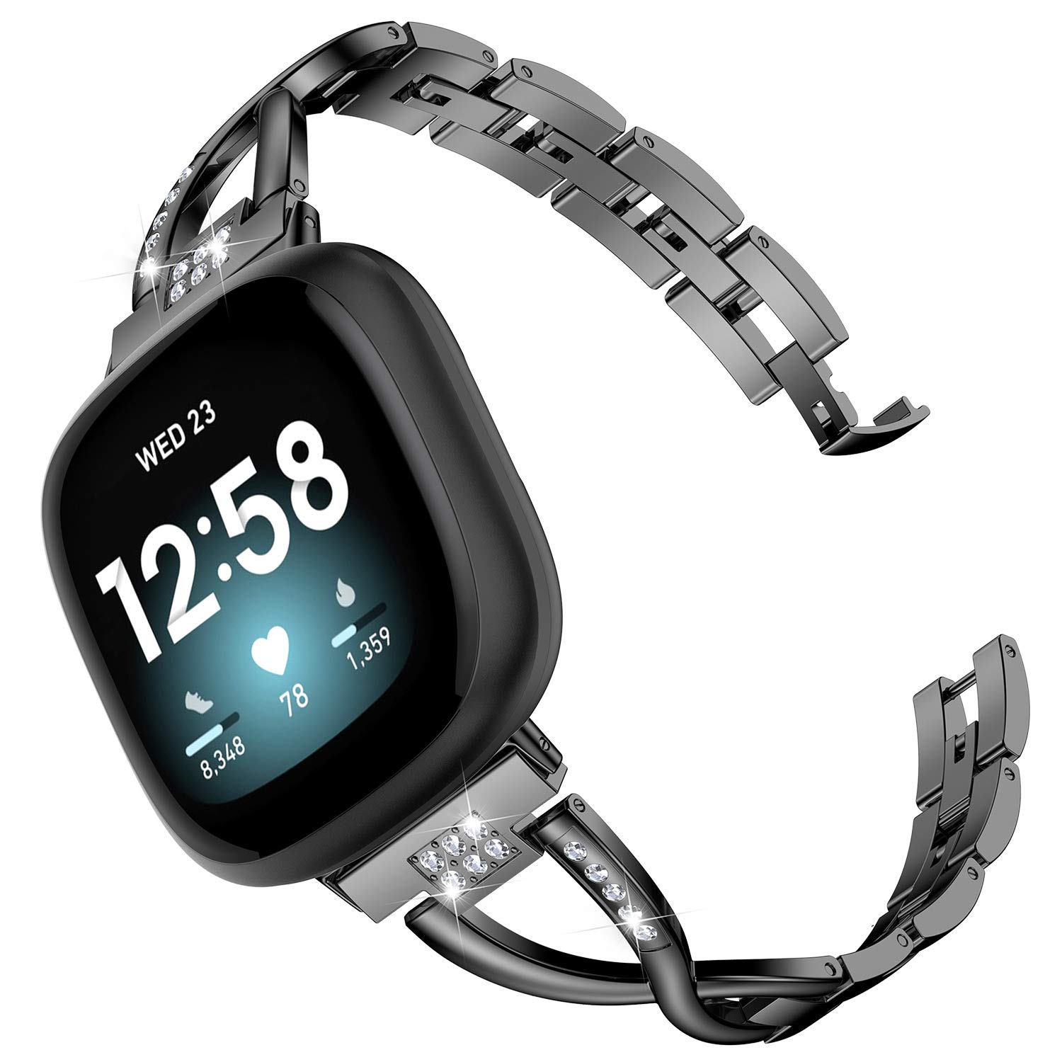Premium Rhinestone Metal Replacement Band for Fitbit Versa 3/4 & Sense/Sense 2 - Elegant Dressy Bracelet Strap for Women - Black Bling Wristband for Work, Parties & Special Occasions
