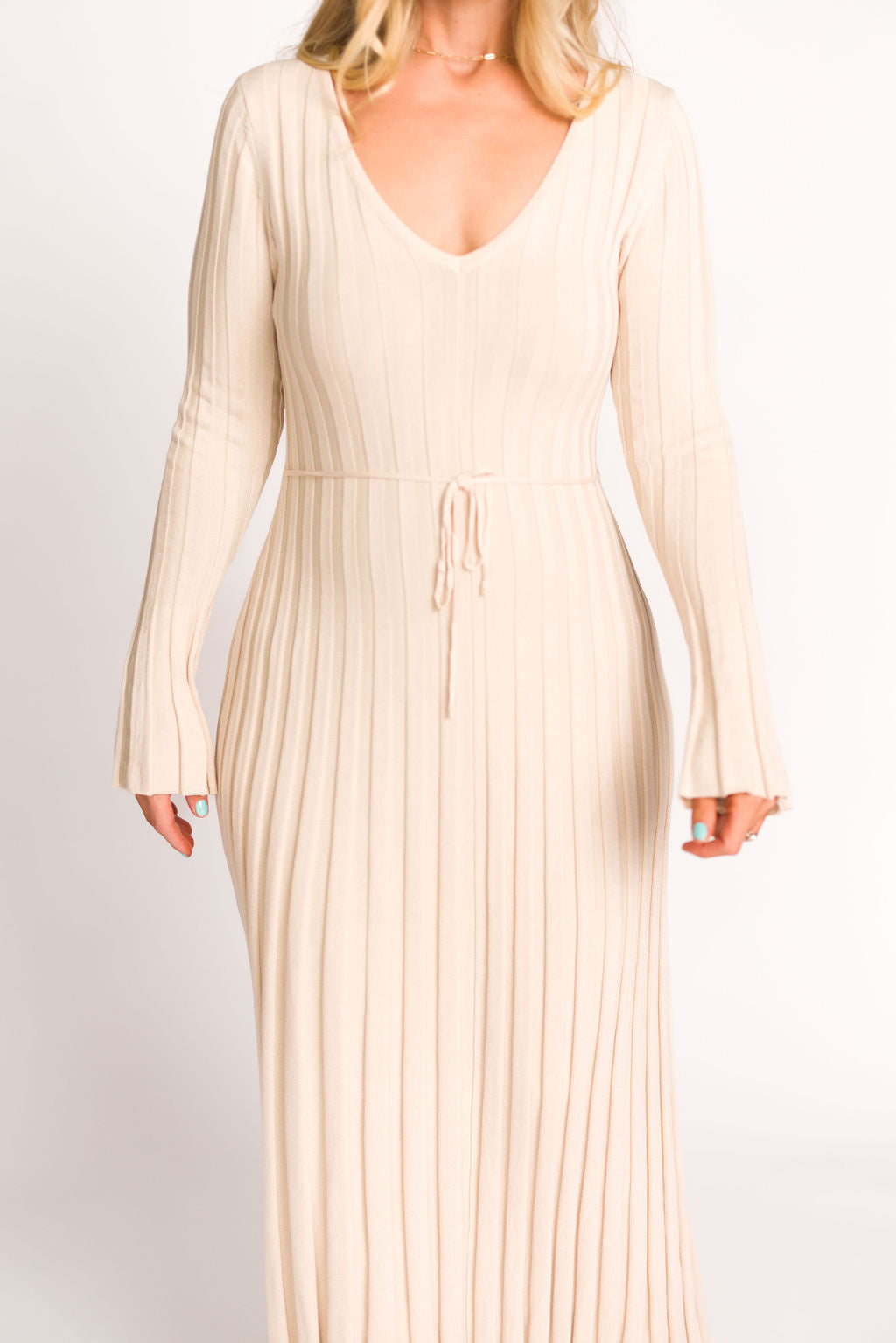 Hadley Long Sleeve V Neck Knit Maxi Dress in Cream Taupe - Elegant Women's Casual Maxi Dress for Fall & Winter, Perfect for Office, Date Night and Holiday Parties