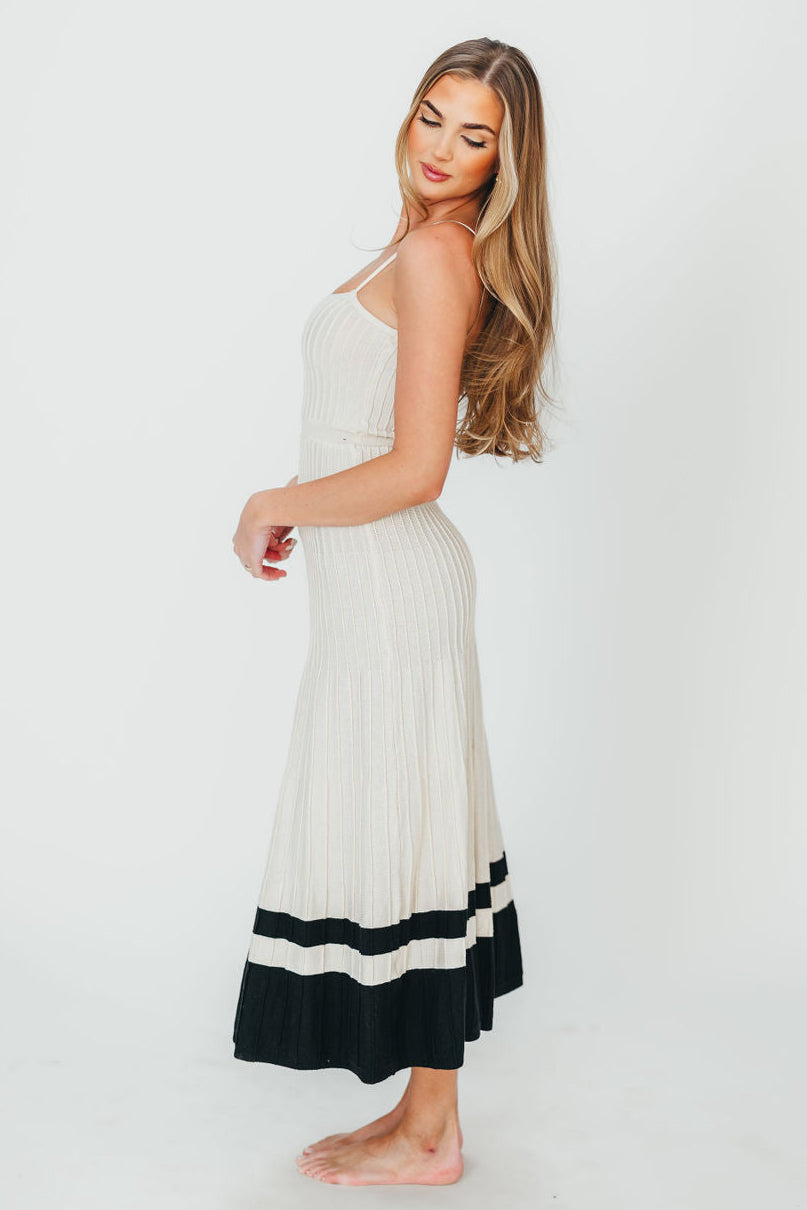 Kenzie Ribbed Knit Dress for Women - Ecru & Black Slim Fit Stretchy Midi Dress | Perfect for Casual Outings, Office Wear & Date Nights
