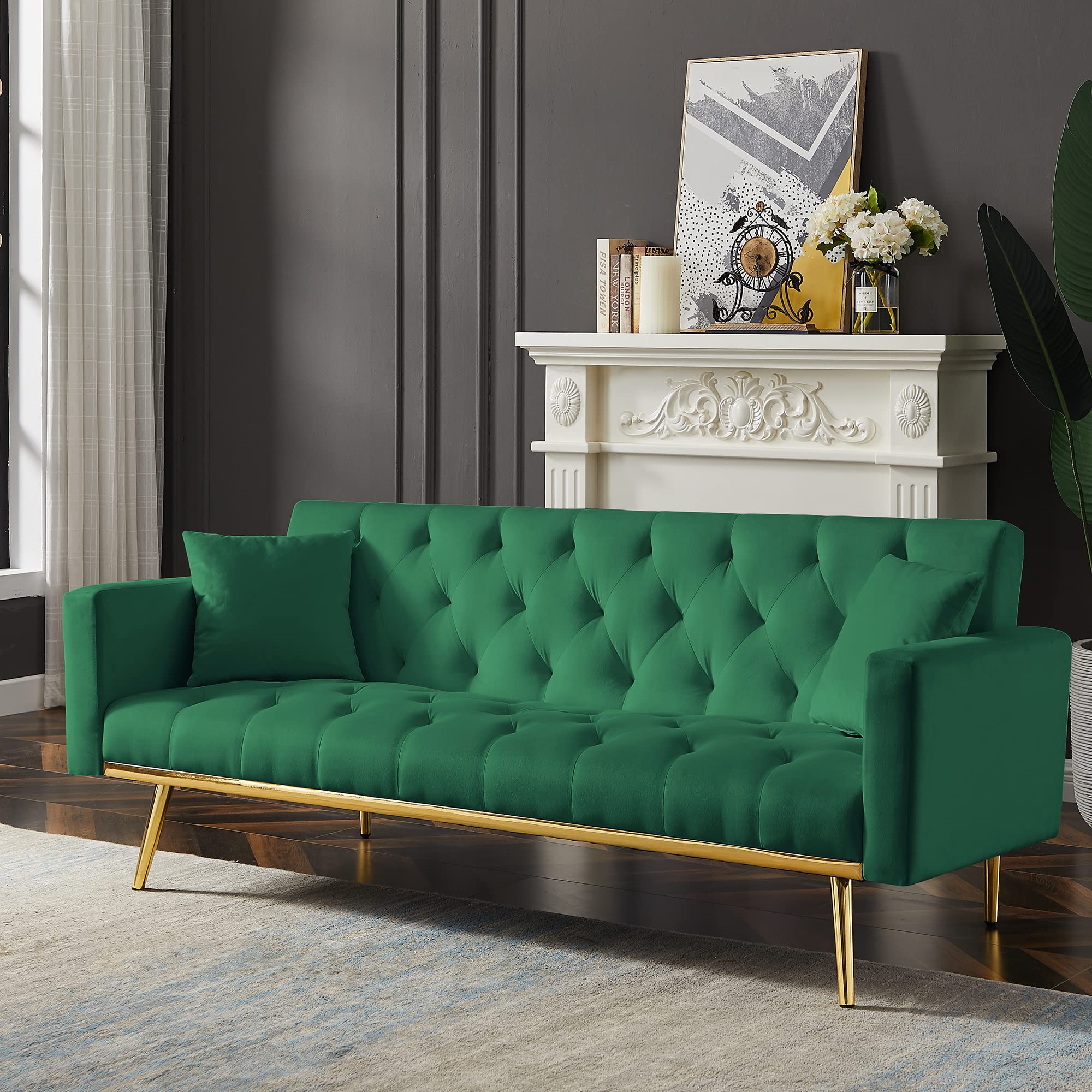 Velvet Convertible Futon Sofa Bed with Golden Metal Legs & 2 Pillows - Sleeper Loveseat for Living Room, Bedroom, Guest Room & Small Spaces