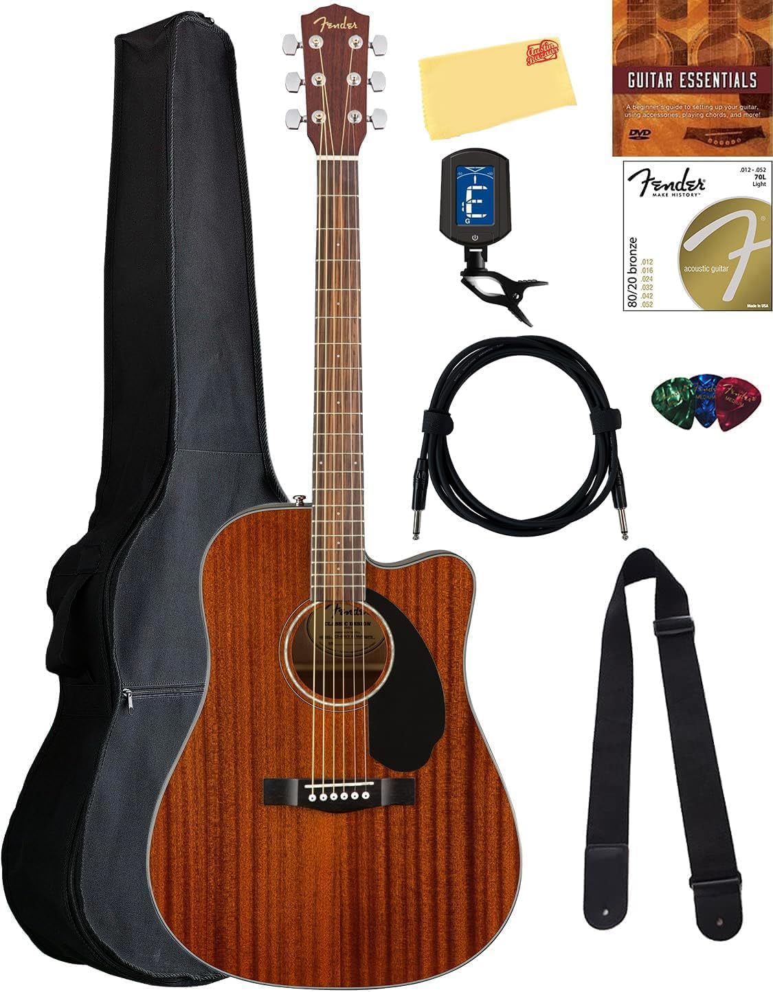 Fender CD-60SCE All Mahogany Solid Top Acoustic-Electric Guitar Bundle with Gig Bag, Tuner, Strap & Accessories - Perfect for Beginners, Live Performances & Studio Recording
