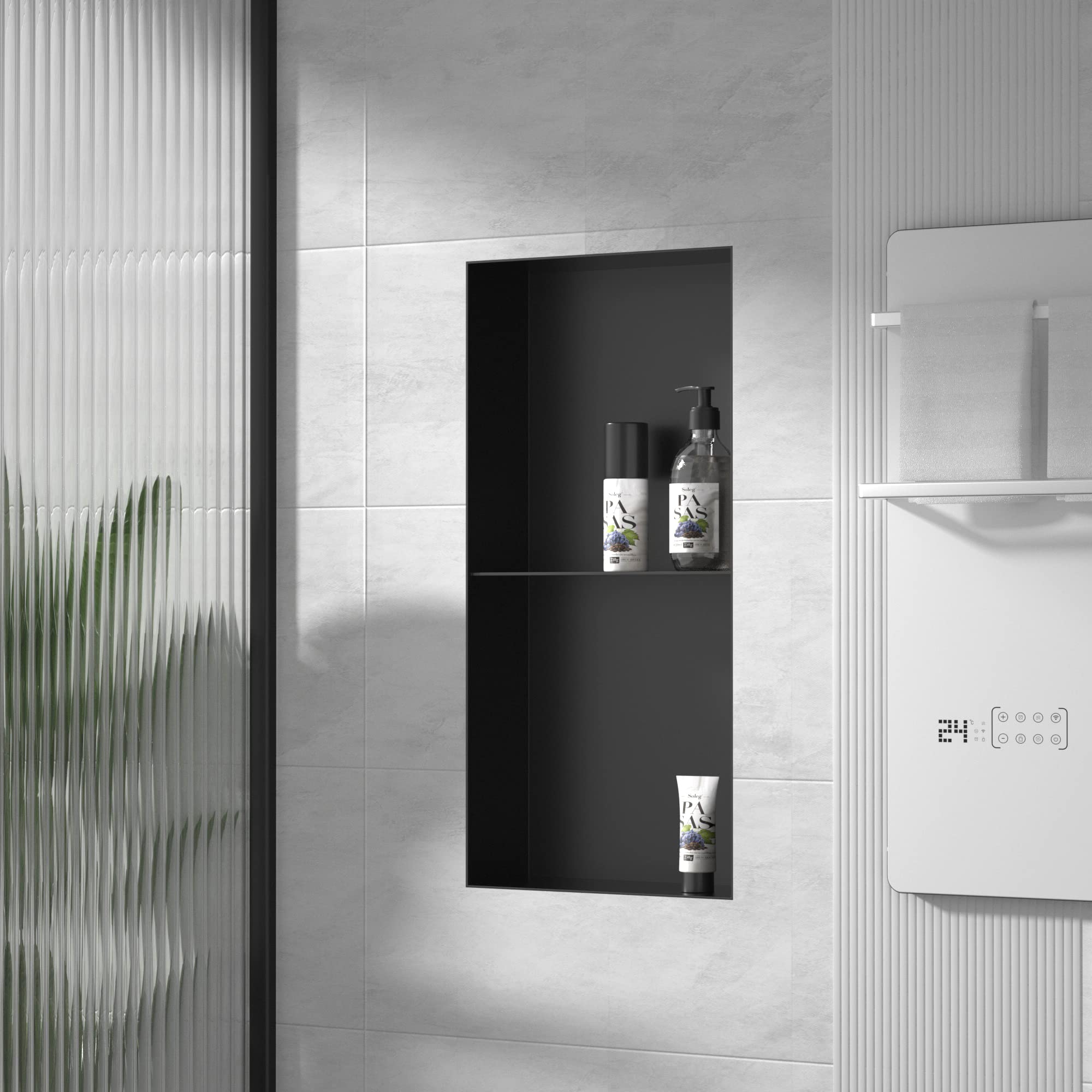 24x12 Inch Stainless Steel Recessed Shower Niche - Matte Black Rimless Wall Shelf for Bathroom | No Tile Needed, Flush-Mount Installation | Perfect for Shampoo, Soap & Bath Accessories Storage