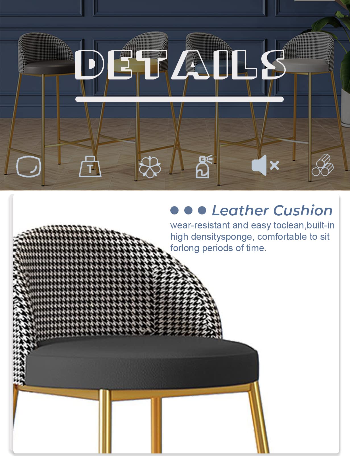 Modern Bar Stools with Back - Faux Leather Upholstered Kitchen Stools, Bold Gold Metal Legs, Industrial Style (65/70/75cm Seat Height) - Perfect for Farmhouse Kitchen, Home Bar, Pub & Restaurant Decor