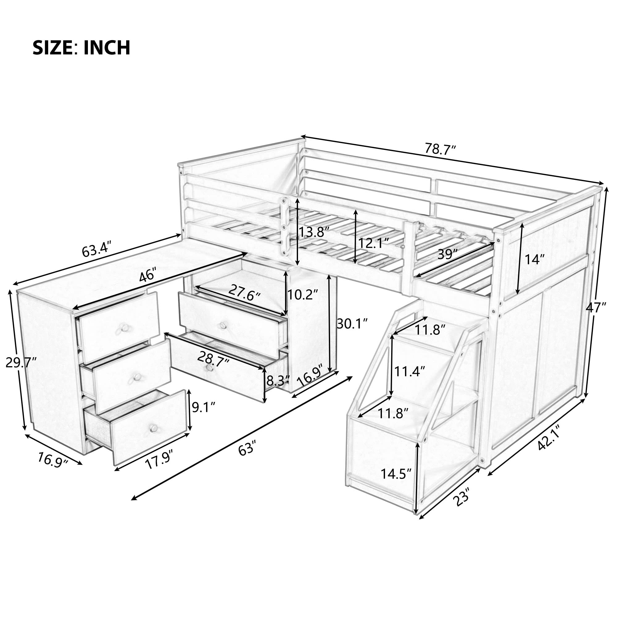 SOFTSEA Kids Loft Bed with Desk & Storage - Twin Study Bed for Small Spaces (Gray)