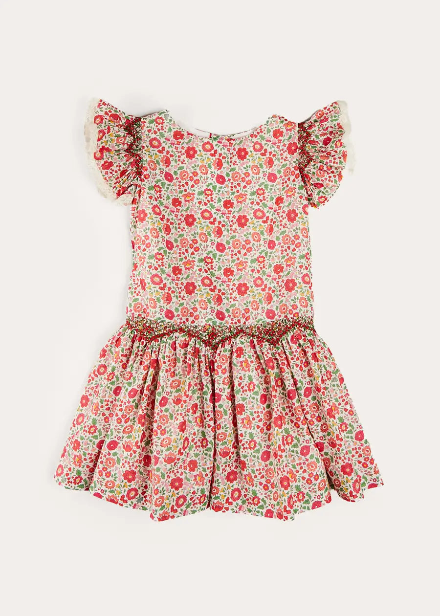 Margot Floral Sleeveless Hand-Smocked Girls Dress in Red - Liberty Fabric (Ages 4-12 Years) | Perfect for Summer Parties, Weddings & Special Occasions