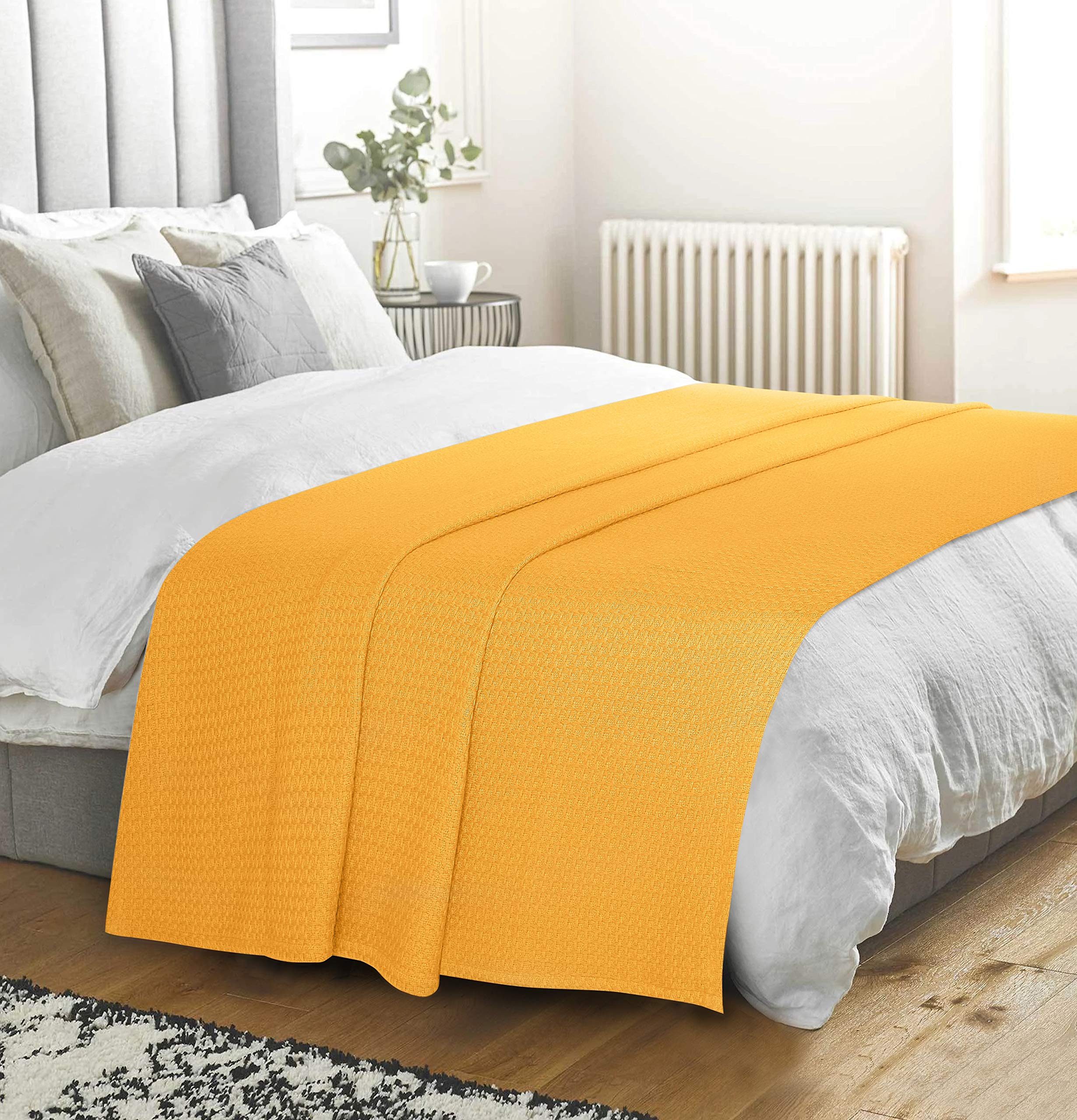 BELIZZI HOME 100% Cotton Twin Size Thermal Blanket - Breathable All-Season Bed Blanket for Layering | Mustard Yellow | Perfect for Cozy Nights, Guest Rooms & Dorm Essentials