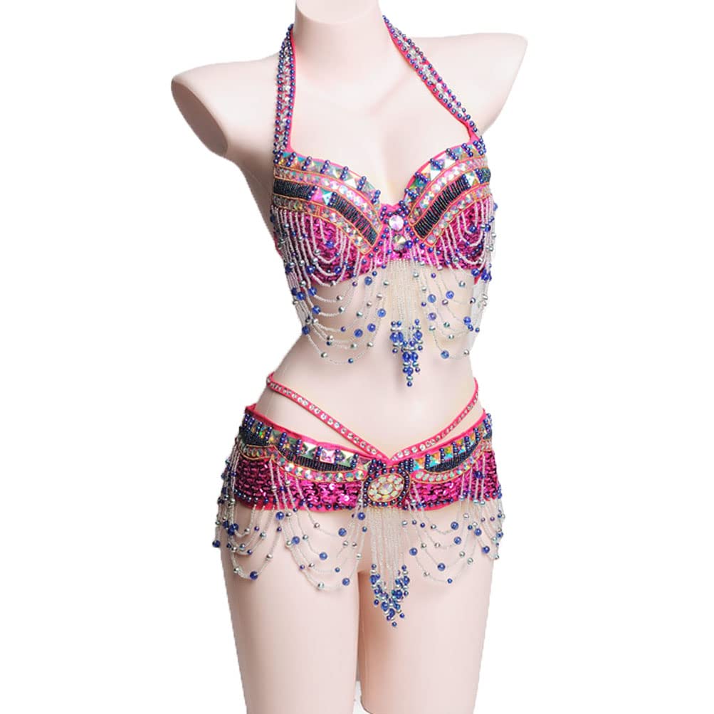 Professional Belly Dance Costume Set for Women - Beaded Tassel Carnival Bra & Belt (2Pcs) | Tribal Bellydance Outfit for Halloween, Performances & Dance Parties | Perfect for Stage Shows, Festivals & Costume Events