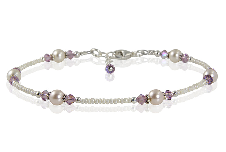 Light Amethyst Cream Pearl Beaded Anklet - Elegant Handmade Ankle Bracelet for Women, Boho Chic Jewelry for Summer Outfits & Beach Vacations