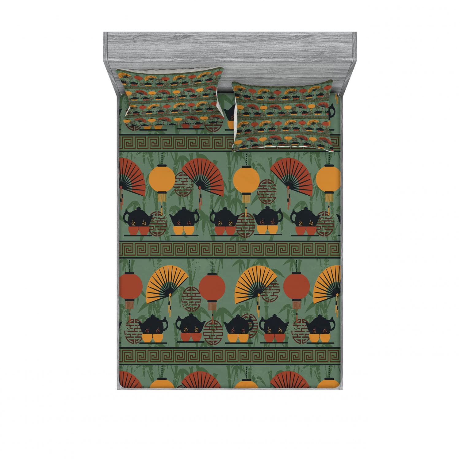 Ambesonne 4-Piece King Size Tea Party Bedding Set - 2 Fitted Sheets & 2 Pillow Shams, Chinese Inspired Boho Design in Reseda Green & Marigold, Soft Microfiber for Comfortable Sleep - Perfect for Guest Rooms, Boho Chic Bedrooms & Themed Tea Party Decor