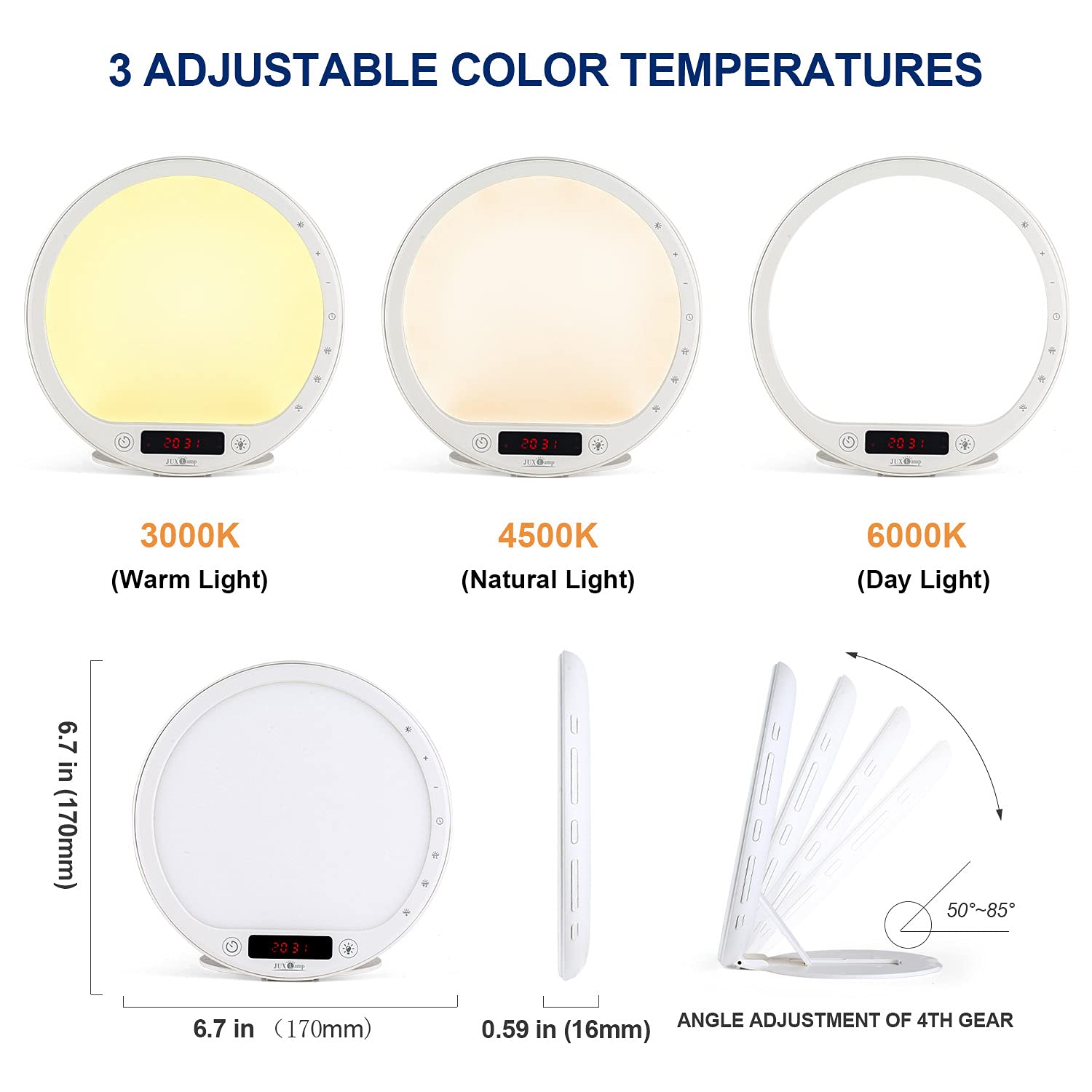 JUXLamp Light Therapy Lamp - 10000 Lux UV-Free Sunrise Alarm Clock with Bioclock Adjustment & APP Control, Portable Built-in Lithium Battery - Perfect for SAD Relief, Sleep Improvement & Natural Wake-Up Light Therapy
