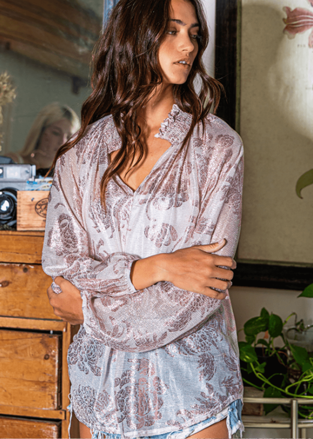 Elegant Rose Print Feminine Blouse - Women's Fashion Top Made in USA - Perfect for Office Wear, Date Night & Special Occasions