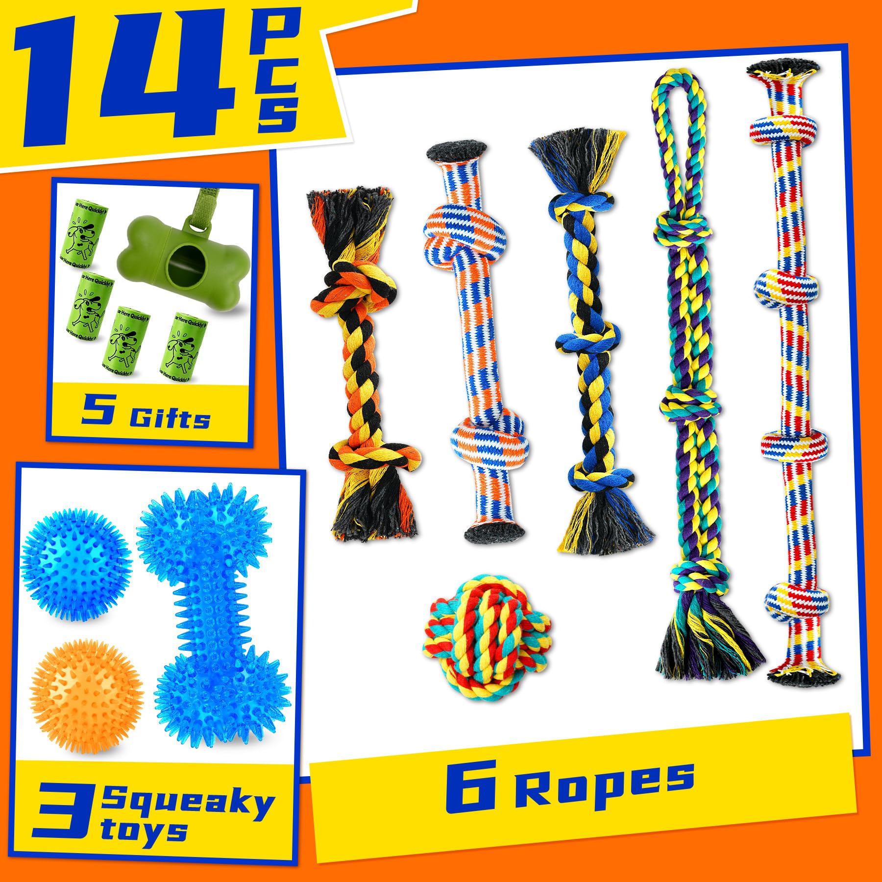 Zeaxuie 14-Pack Durable Dog Toys for Small, Medium & Large Breeds (5-50lbs) - Interactive Rope Toys & Squeaky Chew Toys for Teething Puppies | Perfect for Indoor Play, Outdoor Fetch & Training Rewards