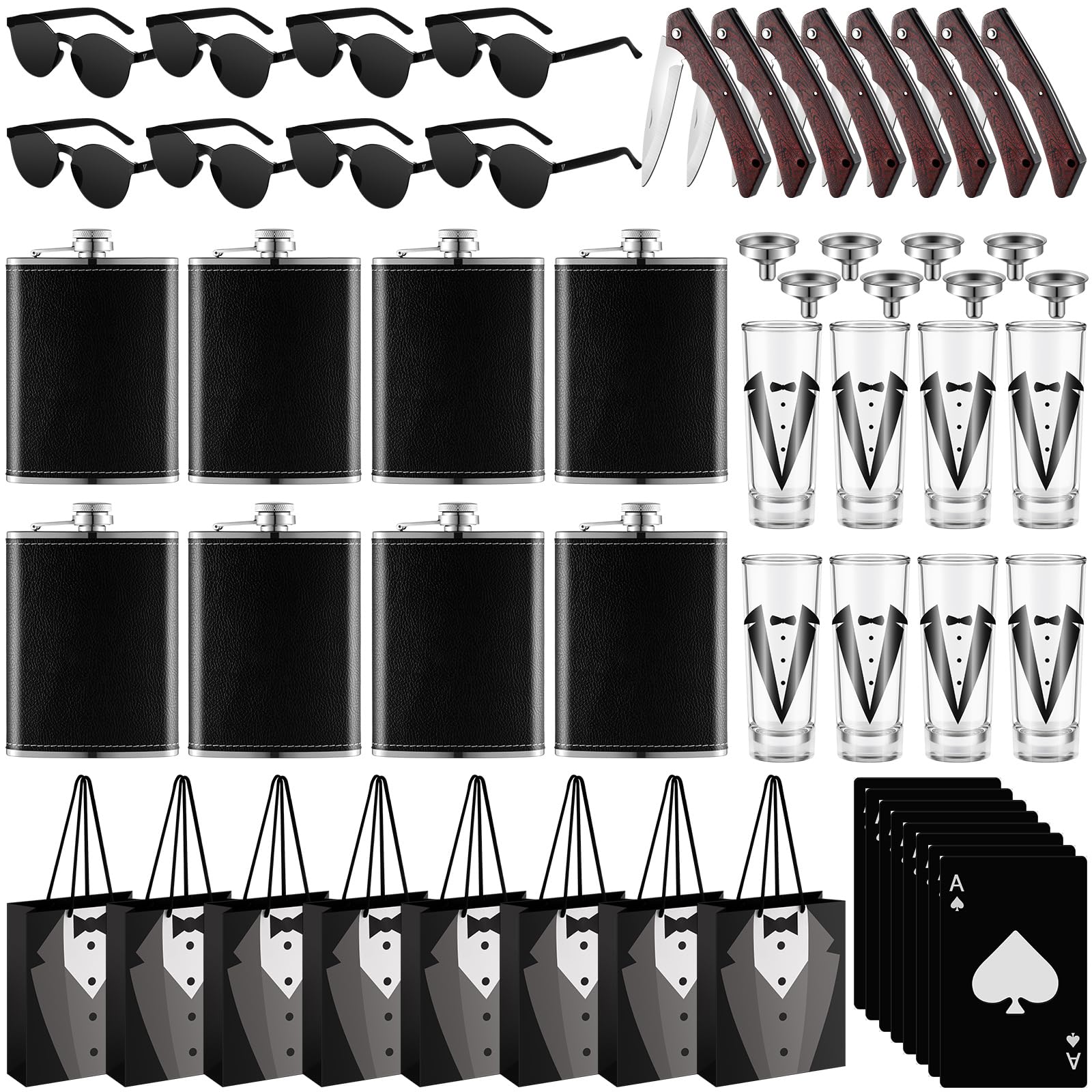 Tioncy 48-Piece Groomsmen Proposal Gift Set - 8 Engraved Pocket Knives, 8 Groomsmen Gift Bags, 8 Tuxedo Shot Glasses, 8oz Stainless Steel Hip Flask, 8 Poker Card Bottle Openers & 8 Sunglasses - Perfect for Weddings, Bachelor Parties & Groomsmen Events