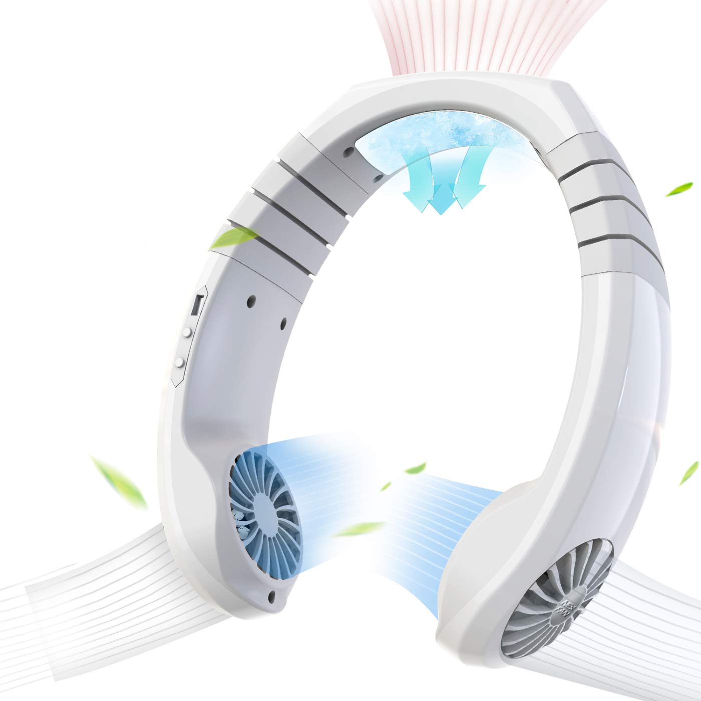 Hands Free Neck Fan - USB Rechargeable Personal Cooling Fan with 3 Speed Settings, 45° Adjustable Neckband & 3600mAh Battery - Perfect for Gym, Office, Reading, Hiking & Outdoor Activities - White