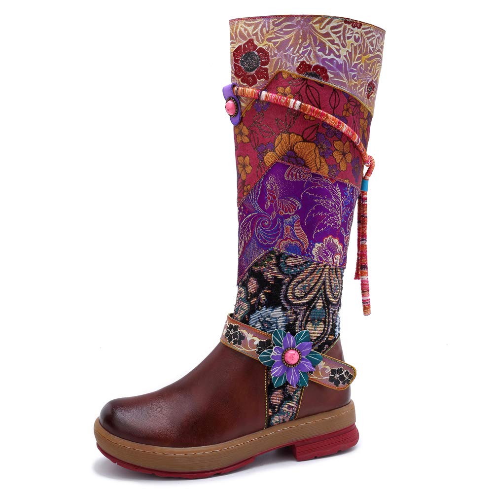 CrazycatZ Women's Leather Bohemian Knee High Boots with Block Heel - Exotic Pattern Tall Booties for Fall Fashion, Boho Outfits & Party Wear