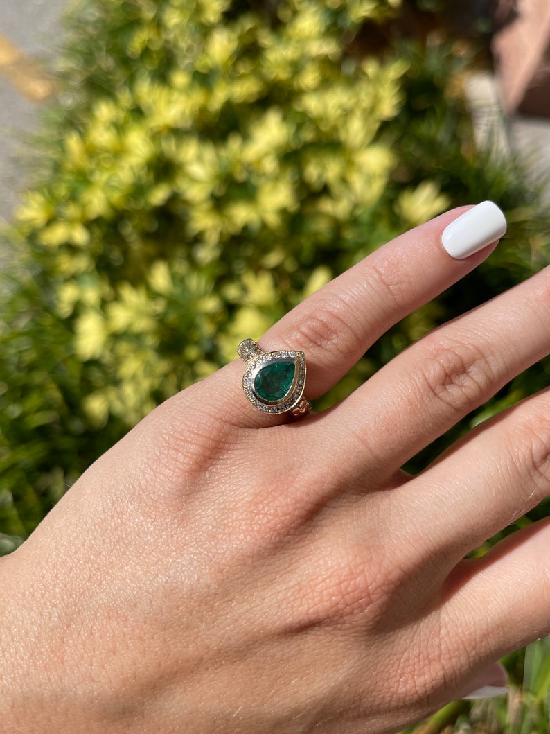 1.86tcw 14K Gold Natural Emerald Pear Cut Diamond Floral Engagement Ring for Women - Perfect for Weddings, Anniversaries & Special Occasions