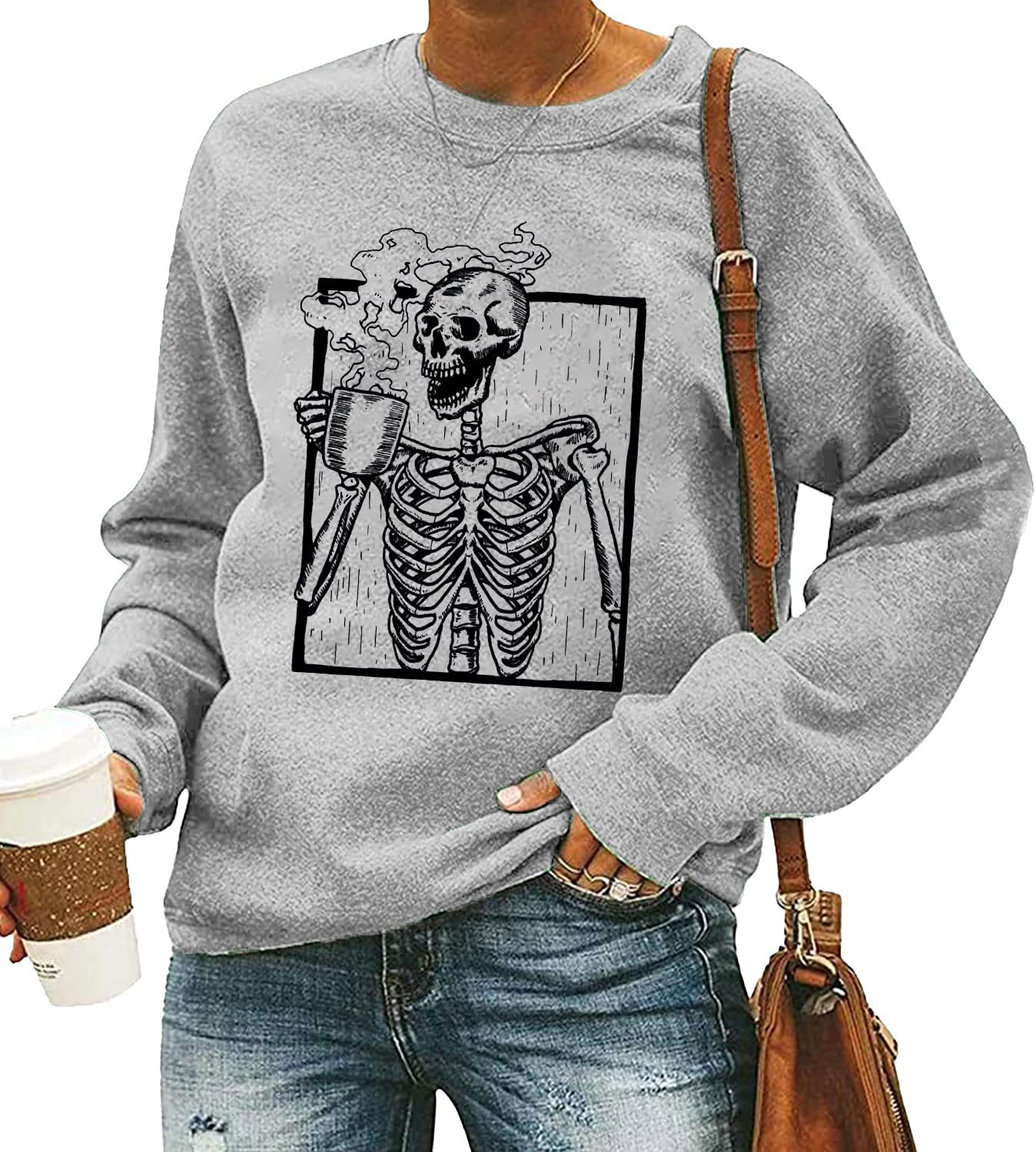 Women's Halloween Skeleton Coffee Lover Sweatshirt - Spooky Skull Graphic Pullover Top for Fall, Casual Wear & Coffee Shop Outfits