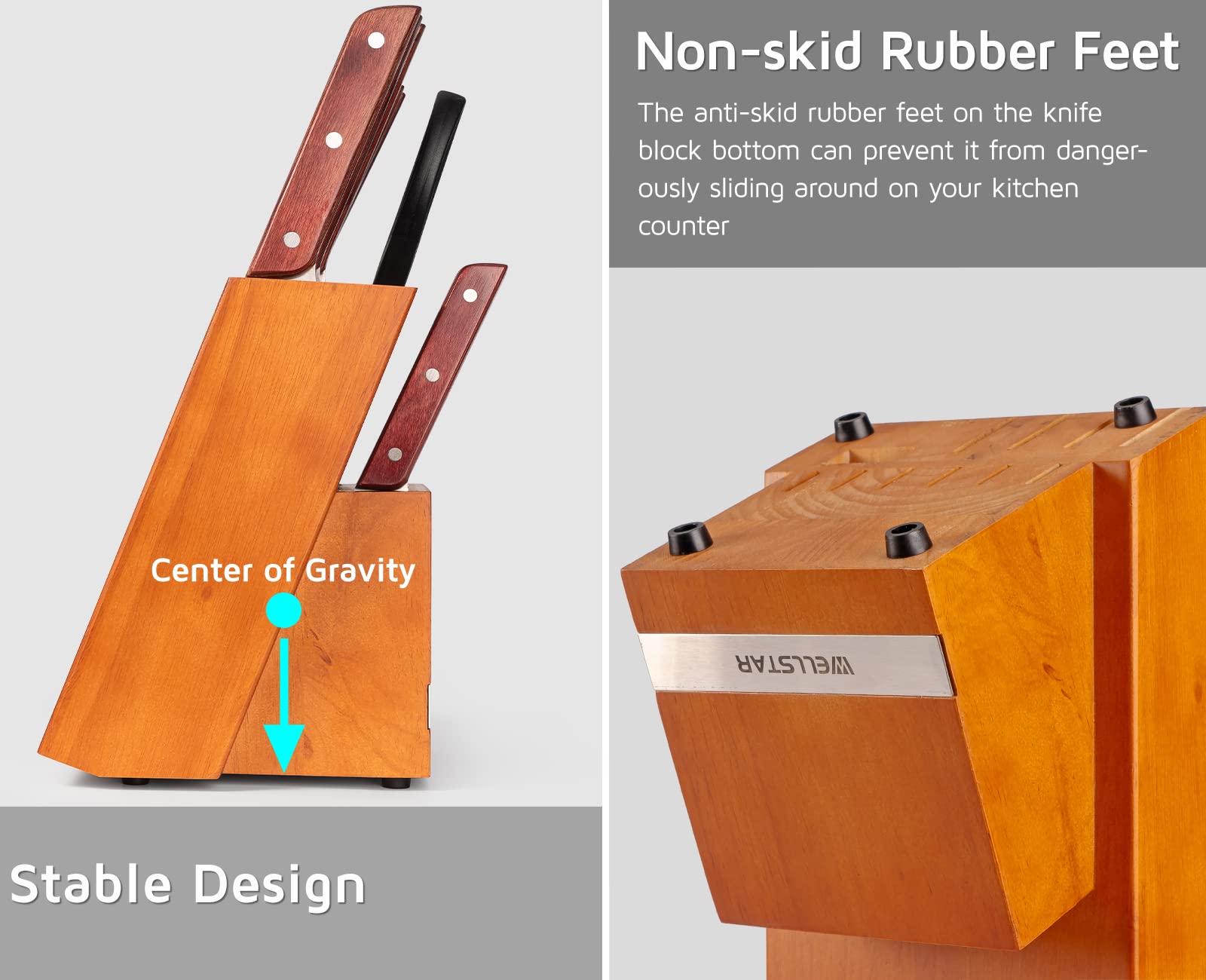 WELLSTAR 14-Slot Natural Wood Knife Block Holder - Hardwood Countertop Knife Storage Organizer (Brown) - Perfect for Kitchen Countertops, Chef's Knives & Cutlery Organization