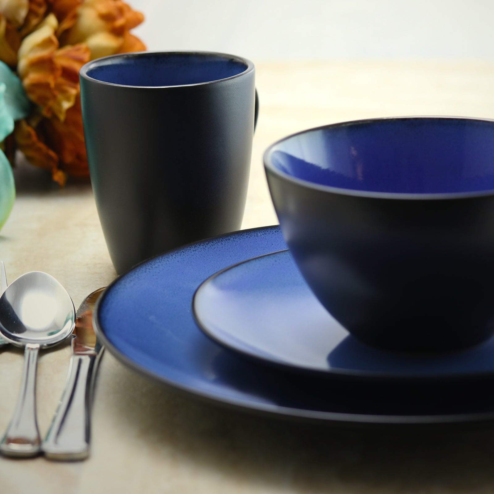 16-Piece Blue Stoneware Dinnerware Set - Microwave & Dishwasher Safe Casual Dinnerware for Everyday Use, Family Gatherings & Entertaining