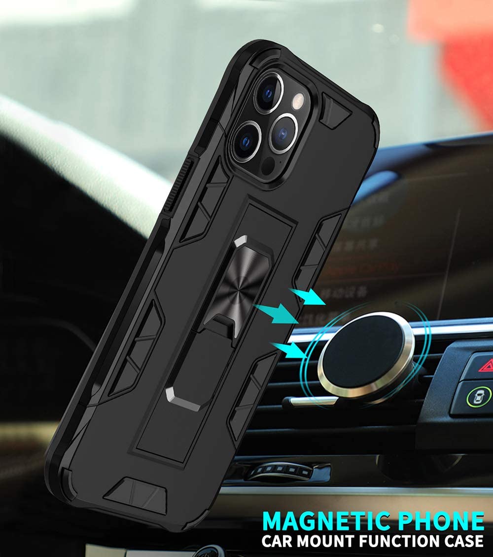 Military Grade Shockproof iPhone 12 Pro Max Case with Built-in Kickstand & Magnetic Car Mount | Tempered Glass Screen Protector Included | Rose Gold Protective Phone Cover for Work, Travel & Outdoor Activities