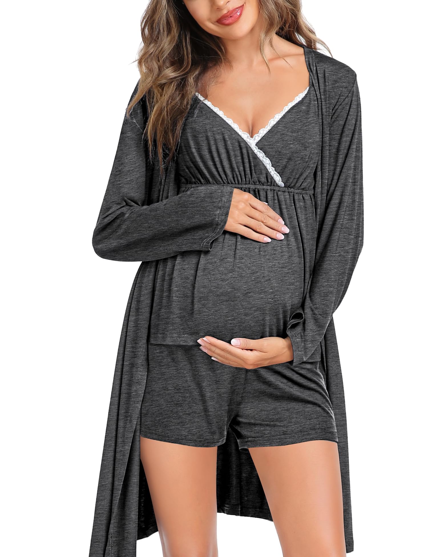 SWOMOG 3-Piece Maternity Robe & Nursing Pajama Set - Soft Breastfeeding Sleepwear for Pregnancy, Labor & Delivery - Comfortable Hospital Pjs for New Moms (Perfect for Postpartum Recovery & Nighttime Nursing)