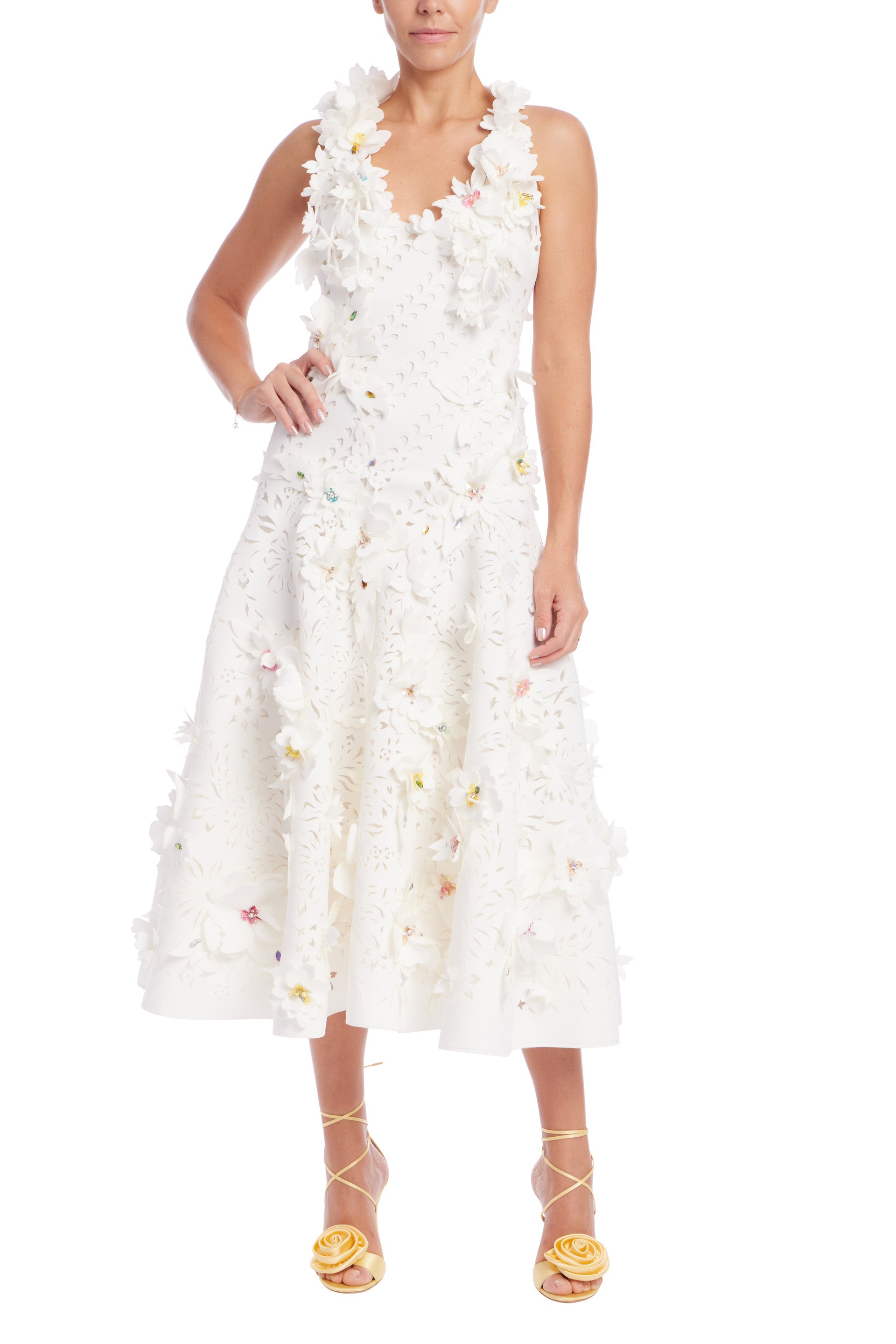 Badgley Mischka Women's Sleeveless Floral Applique Midi Dress - Elegant Cocktail Party & Wedding Guest Attire