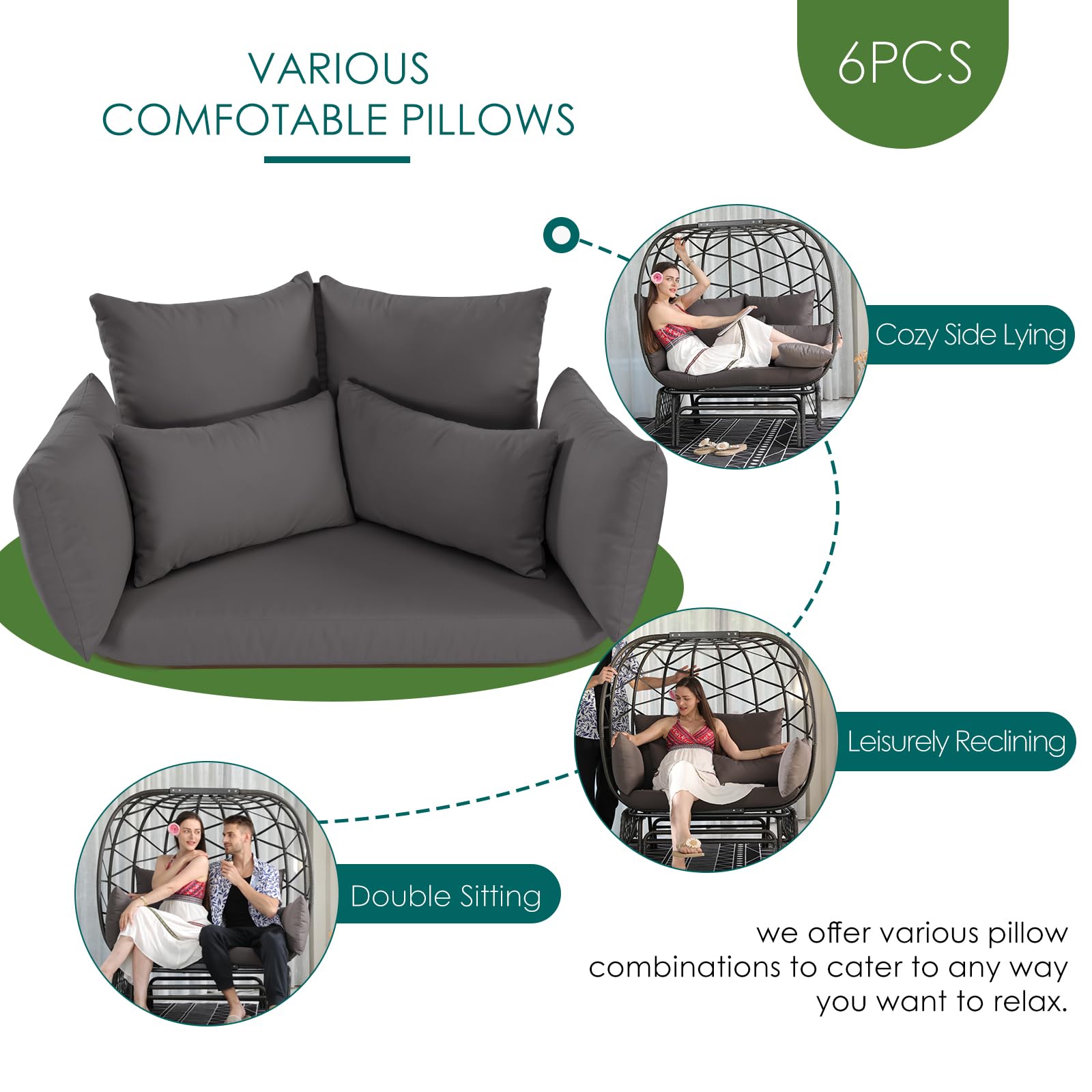 NICESOUL® Oversized Double Wicker Rocking Egg Chair - 500lb Capacity Egg Basket Loveseat with Thick Cushions & Sturdy Legs - Indoor/Outdoor Patio Gliding Swing Chair for Couples - Perfect for Garden, Balcony, Backyard Relaxation & Romantic Dates