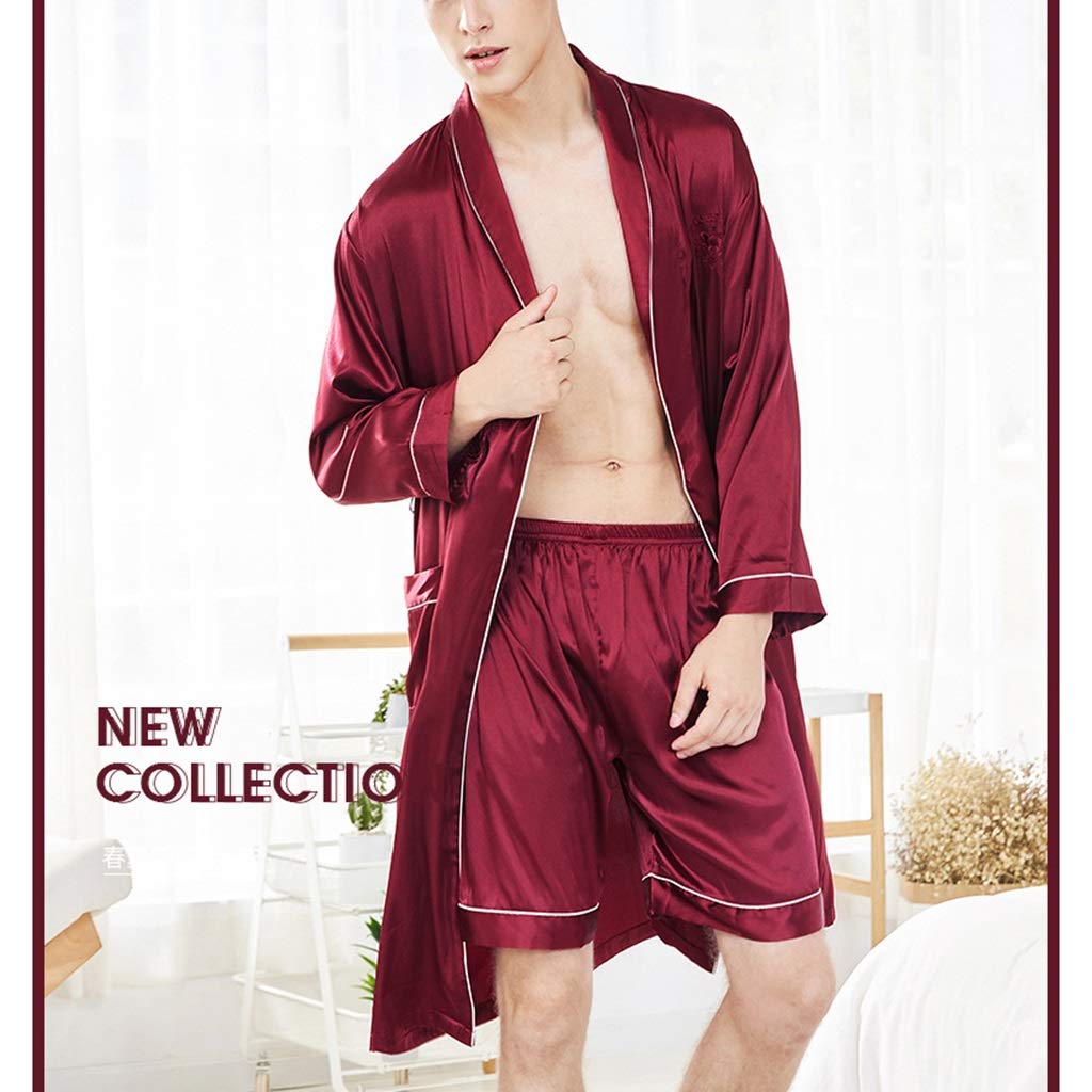 Luxury Men's Kimono Robe with Shorts - Lightweight Satin Bathrobe for Summer & Lounge Wear - Red Large Size - Perfect for Spa, Beach Cover-Up & Home Relaxation