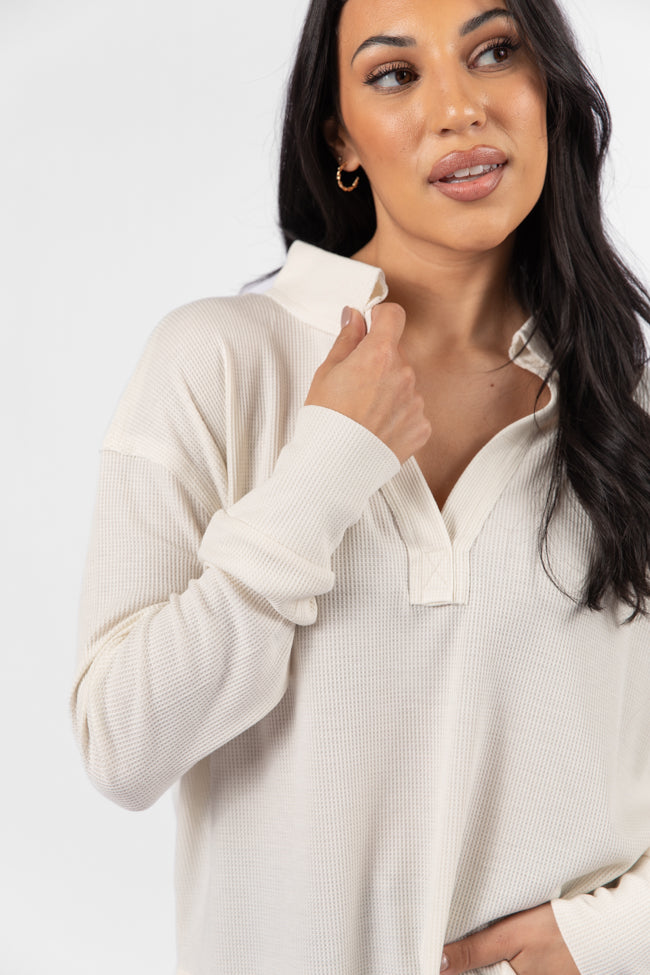 Stylish Cream Waffle Knit Collared Top for Women | Comfortable & Fashionable Blouse | Perfect for Office Wear, Date Nights & Casual Outfits