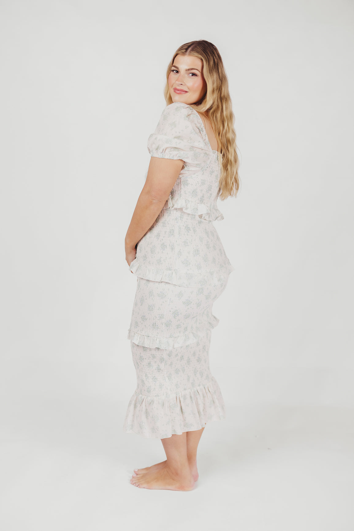 Ada Smocked Dress in Blue Floral - Bump Friendly Maternity Dress with Inclusive Sizing (S-3XL) | Perfect for Baby Showers, Bridal Events & Summer Weddings
