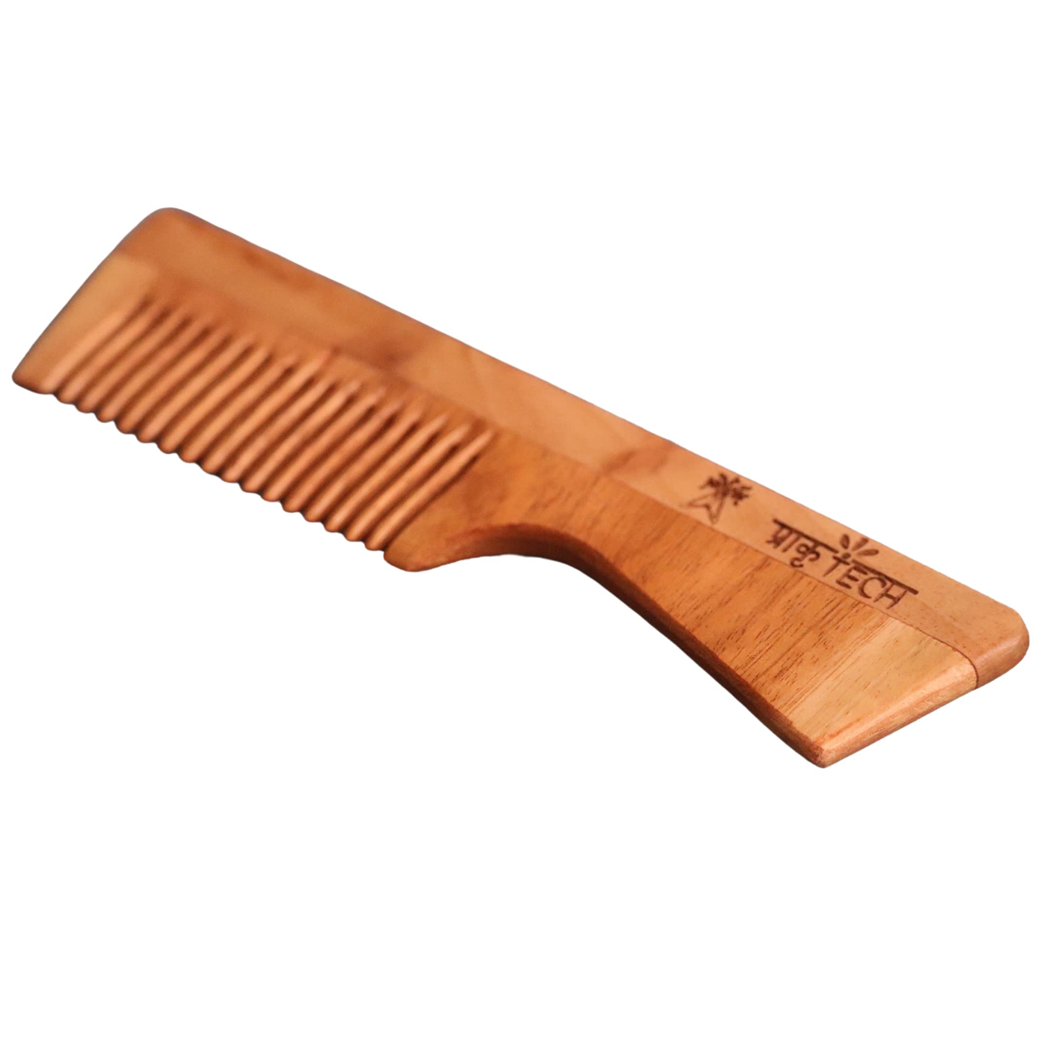 PRAKRTECH Neem Wood Shampoo Comb with Handle - Anti-Dandruff & Hair Loss Prevention Comb for Men & Women | Natural Kachi Neem Wooden Comb for Hair Growth & Scalp Care | Perfect for Daily Hair Styling & Massage (17 x 7 x 1 cm)