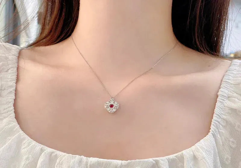18K White Gold Heart Necklace with Natural Ruby & Real Diamonds - Elegant Women's Engagement Jewelry for Anniversaries, Weddings & Special Occasions