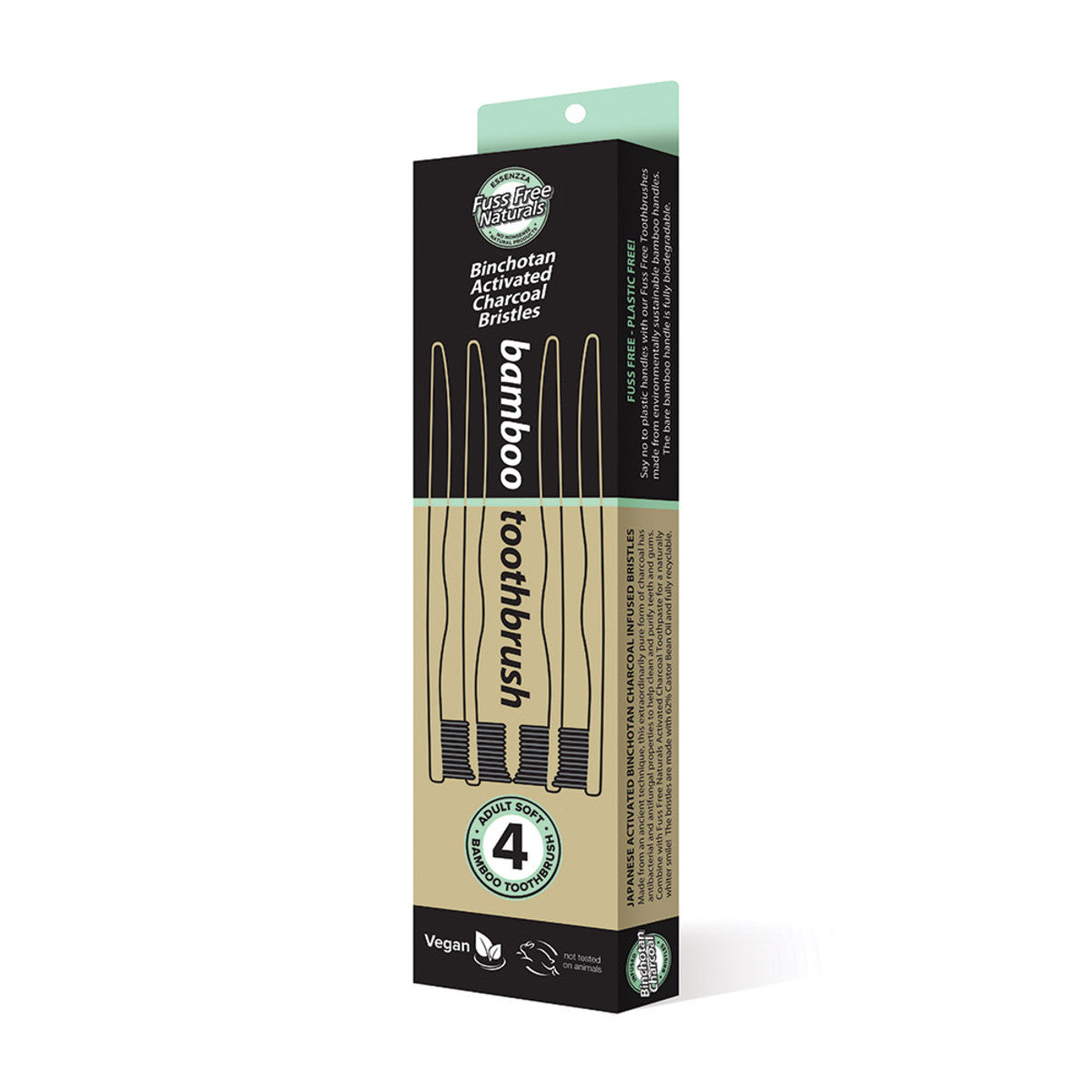 Essenzza Fuss Free Naturals Bamboo Activated Charcoal Soft Toothbrush 4 Pack - Eco-Friendly Bamboo Toothbrushes for Whitening Teeth & Gum Care - Perfect for Travel, Home & Zero Waste Lifestyle