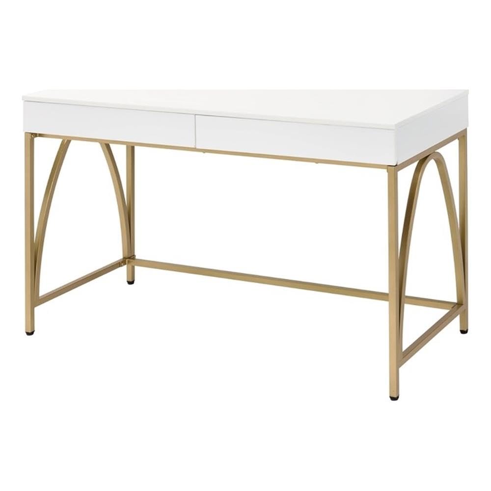 UrbanPro Contemporary White High Gloss & Gold Wood Writing Desk - Modern Home Office Furniture for Small Spaces, Study & Work from Home