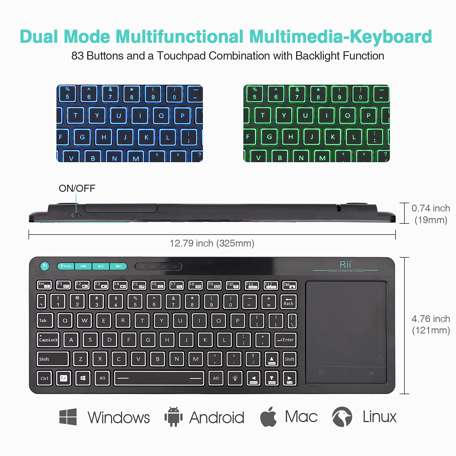 Rii Wireless Bluetooth Keyboard with Touchpad & LED Backlight - Rechargeable Big Trackpad Keyboard for Android TV Box, Smart TV, Xbox, Raspberry Pi, PC, Tablet, HTPC | Compatible with Android, Windows, macOS | Perfect for Home Entertainment & Office Work