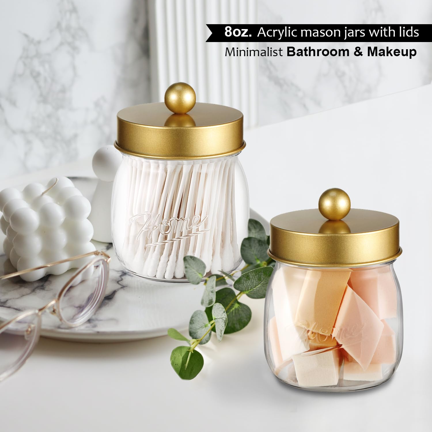 SheeChung 3-Pack Glass Apothecary Jars with Lids - Rustic Cotton Swab & Floss Pick Organizer for Bathroom Vanity, Farmhouse Decor - Gold Mason Jar Set for Home Storage & Organization (Perfect for Countertop Display & Bathroom Essentials)
