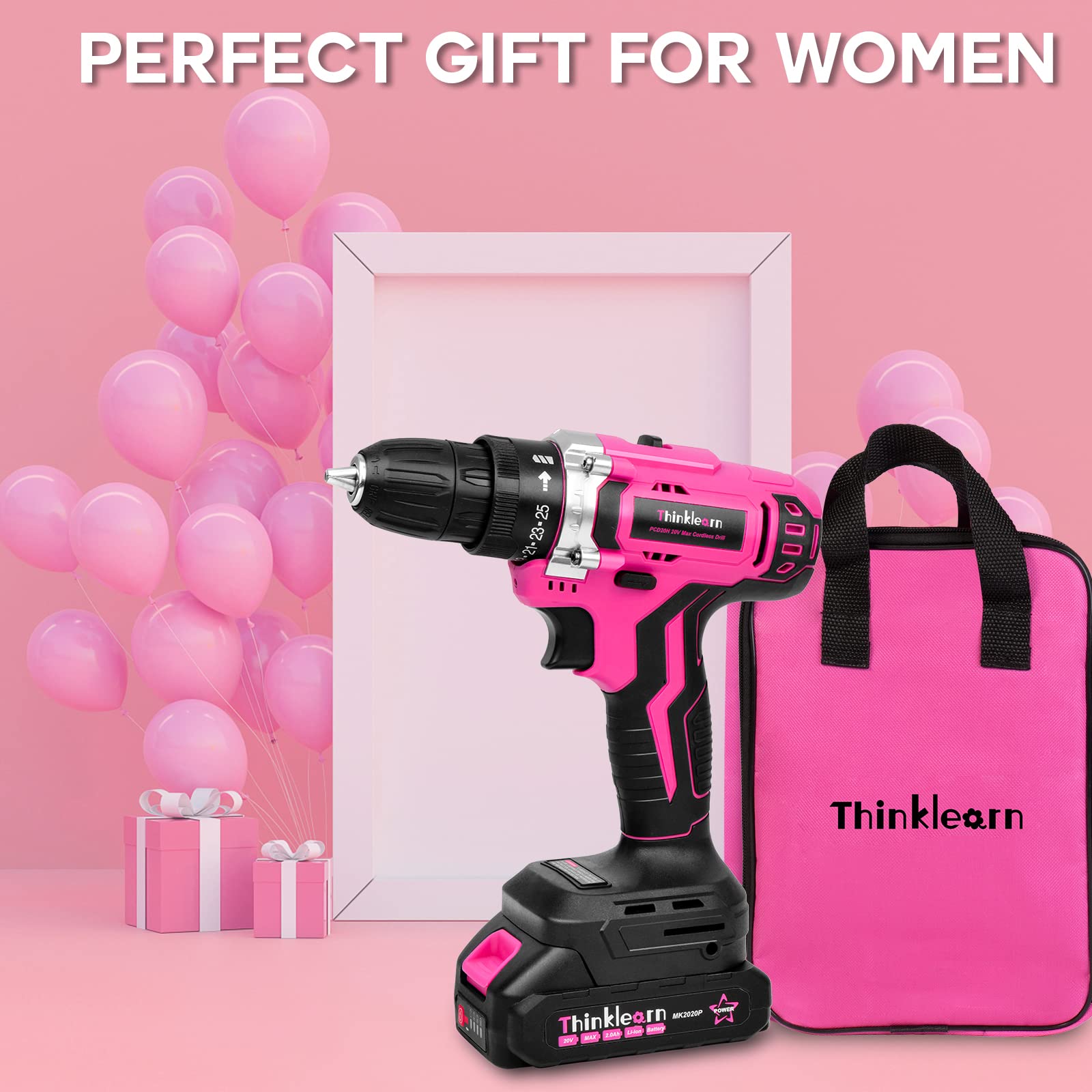 20V Pink Cordless Drill Set for Women - 67Pcs Driver Bits, 3/8