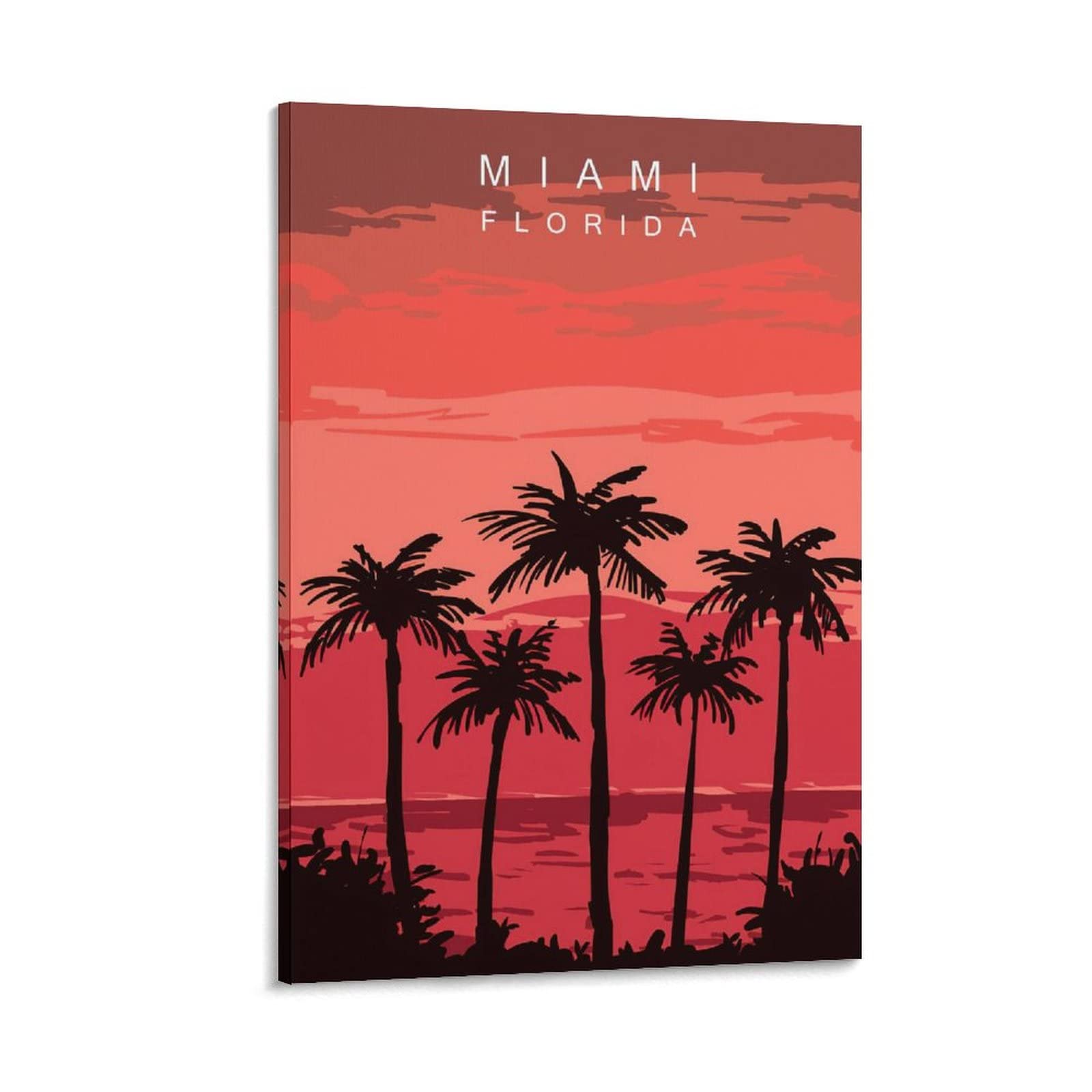 Vintage Miami Florida Travel Poster - Coconut Tree River Evening Grass Canvas Wall Art Print (20x30cm/8x12in) for Living Room, Bedroom & Office Decor | Tropical Beach Theme Home Decoration