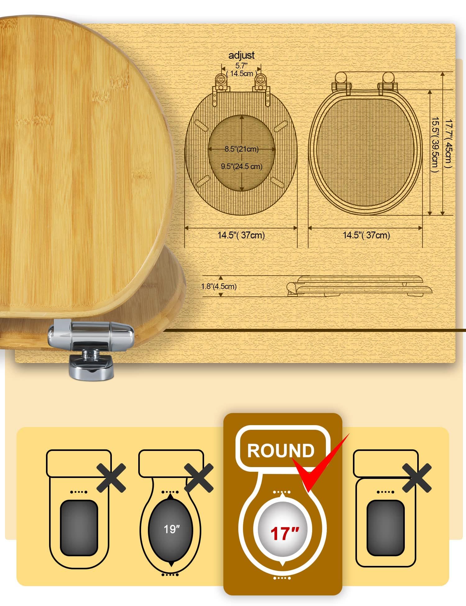 Round Bamboo Toilet Seat with Lid - Quick Release, Slow Close, Zinc Alloy Hinges - 17 Inch Lightweight Natural Bamboo - Perfect for Bathroom, Home & RV Use
