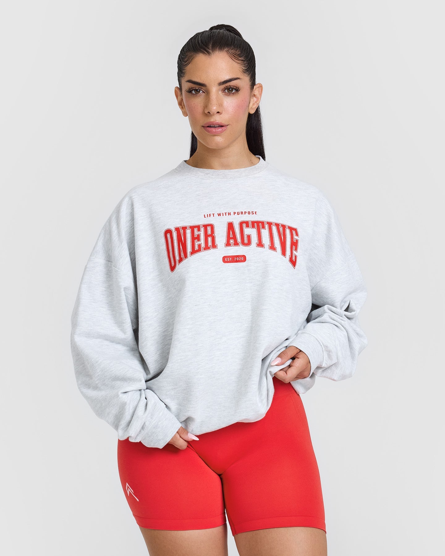 Lightweight Sweatshirt with Red Graphic Print | Comfortable Pullover Hoodie for Men & Women | Casual Streetwear, Gym, Lounge Wear - Light Grey Marl