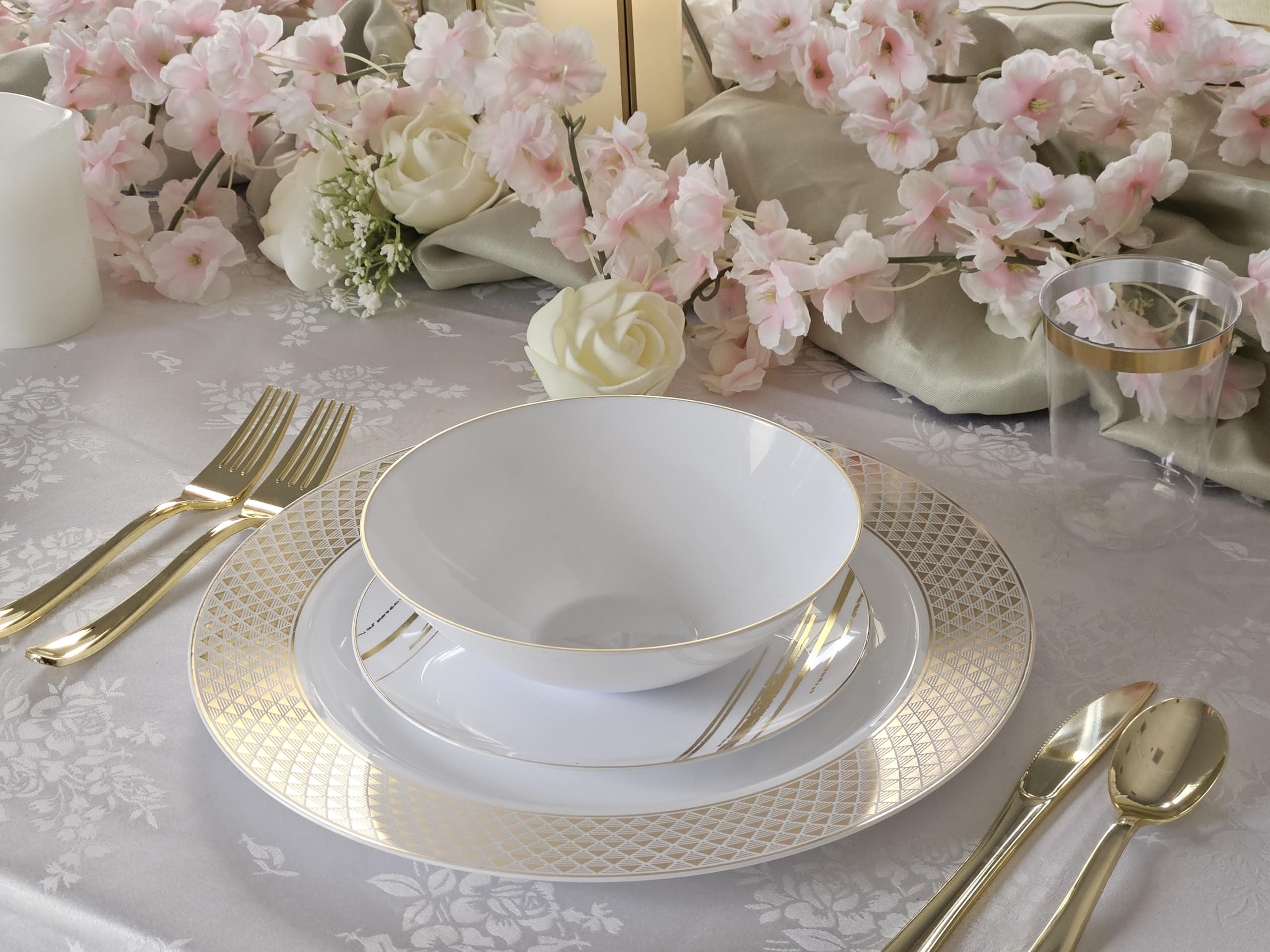 60-Piece Heavyweight Disposable Plastic Plates & Bowls Set - 14oz Soup Bowls in Elegant White & Gold for Weddings, Parties & Celebrations | Perfect for Catering, Events & Special Occasions