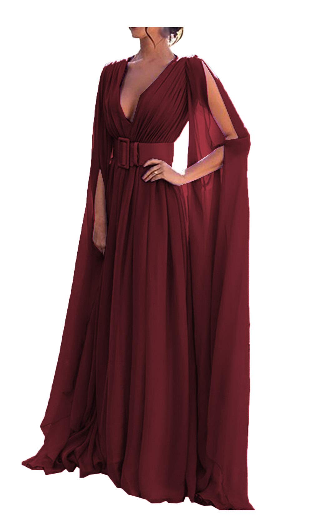 Elegant Long Formal Gown with Belt | Deep V-Neck Prom Evening Dress with Cape Sleeve | Perfect for Homecoming, Wedding Guest & Black Tie Events