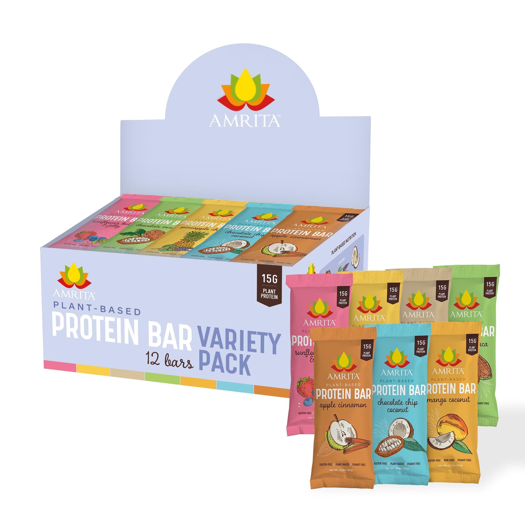 AMRITA Vegan Protein Bars Variety Pack (6 Flavors) - Peanut Free, Dairy Free, Soy Free, Gluten Free | 15g Plant-Based Protein, High Fiber, No Sugar Added | Meal Replacement, Breakfast Snack, Post-Workout Fuel | Perfect for Gym, Office & On-the-Go Nutrition